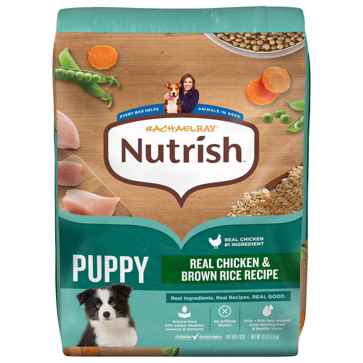 Nutrish Rachael Ray cachorros bolsa 13 lb frontal, alimento completo para cachorros en crecimiento