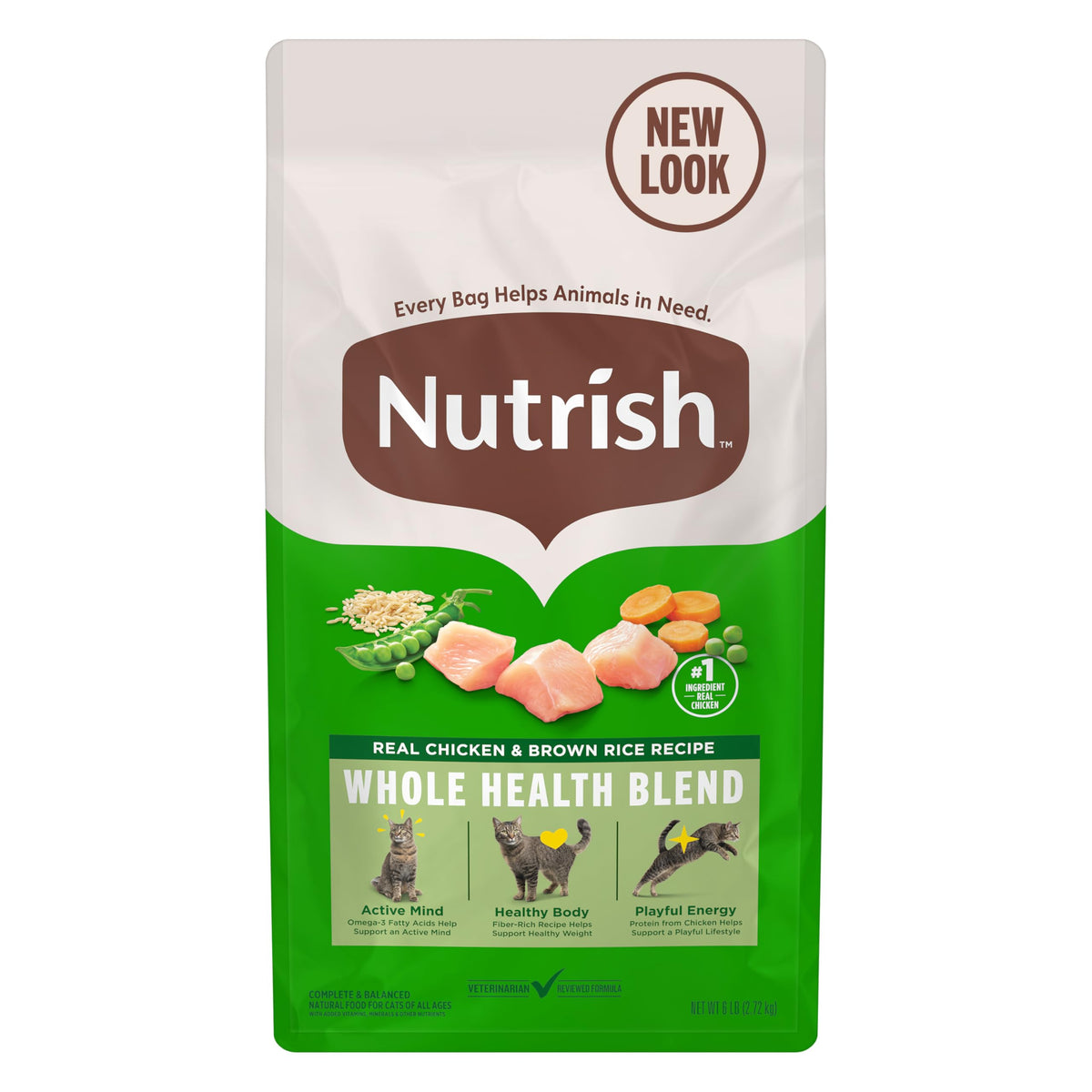 Nutrish Real Chicken & Brown Rice: bolsa de 6 libras para alimentación diaria de gatos.