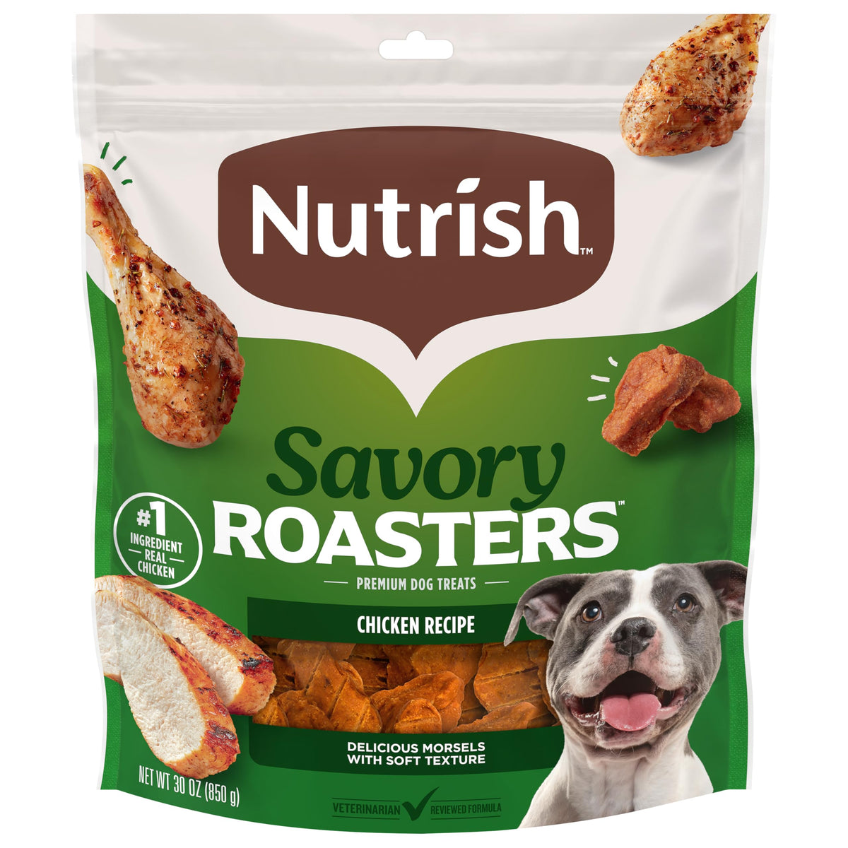 Nutrish Sabrosos Roasters con receta de pollo en bolsa 30 oz, ideal para entrenamiento