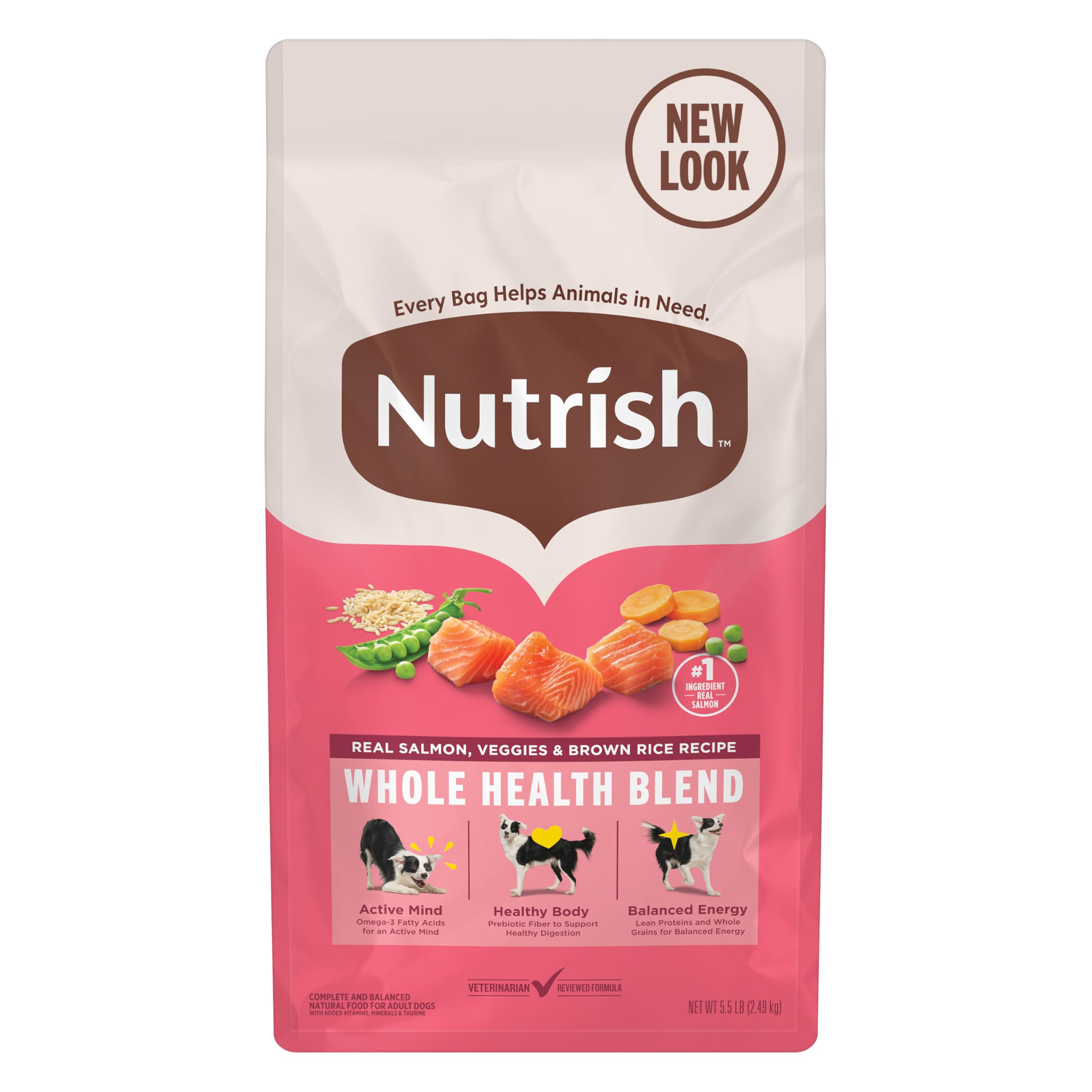 Rachael Ray Nutrish salmón real en primer plano; clave para músculos y energía.