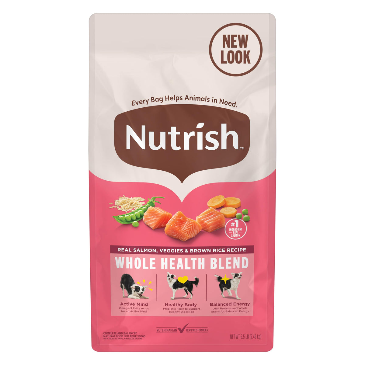 Rachael Ray Nutrish salmón real en primer plano; clave para músculos y energía.