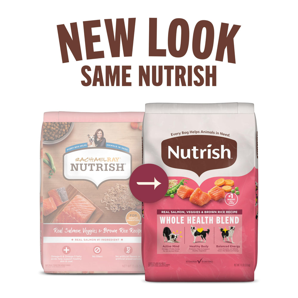 Nutrish con verduras y arroz integral visibles; fibra prebiótica para digestión suave.