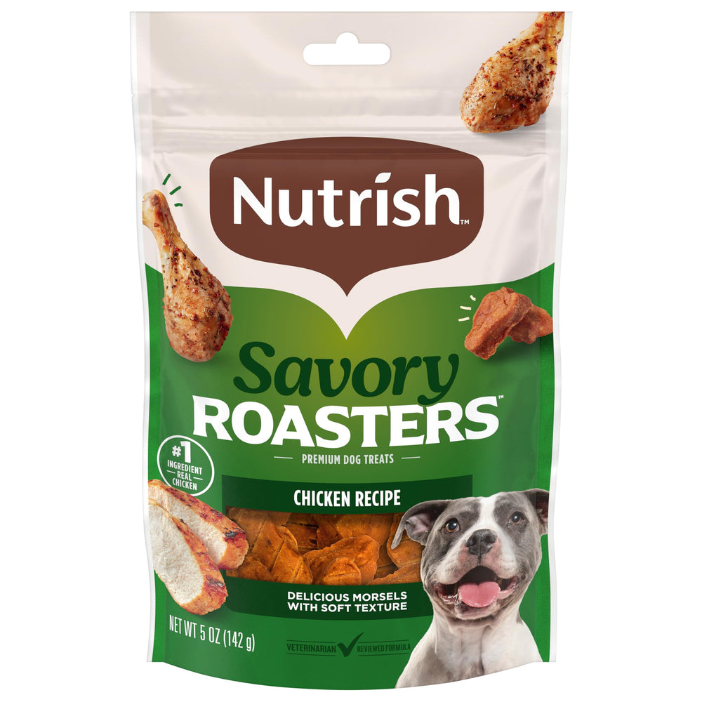 Nutrish Savory Roasters 5oz, paquete frente, snack delicioso para entrenamiento