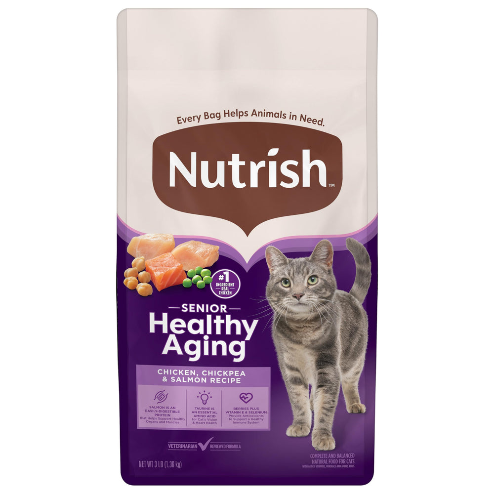 Nutrish Senior Healthy Aging, paquete de 3 lb, tamaño ideal para gatos mayores.
