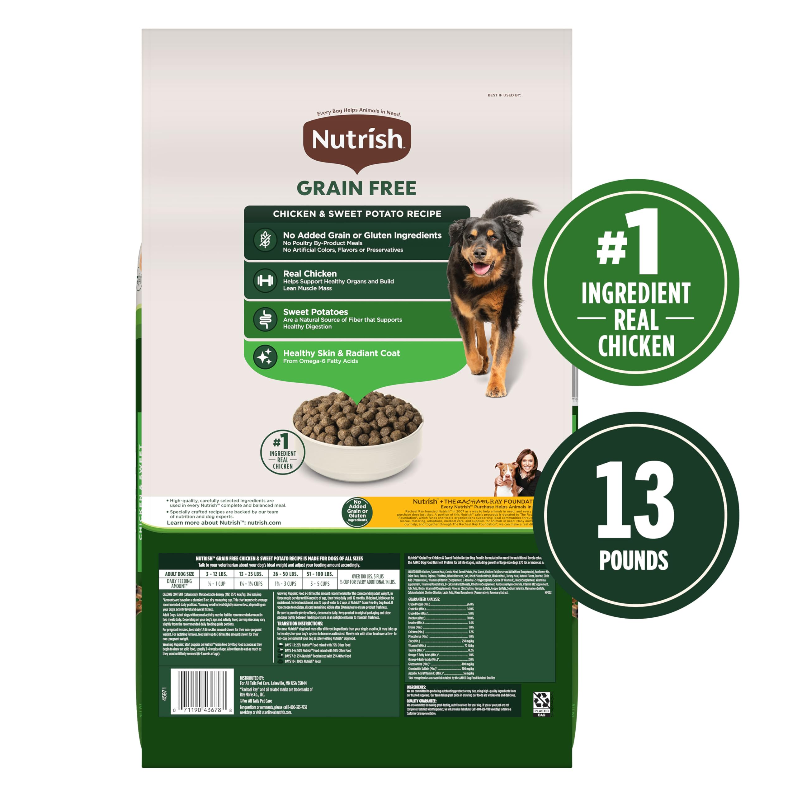 Nutrish fórmula sin granos y gluten para una alimentación canina suave.