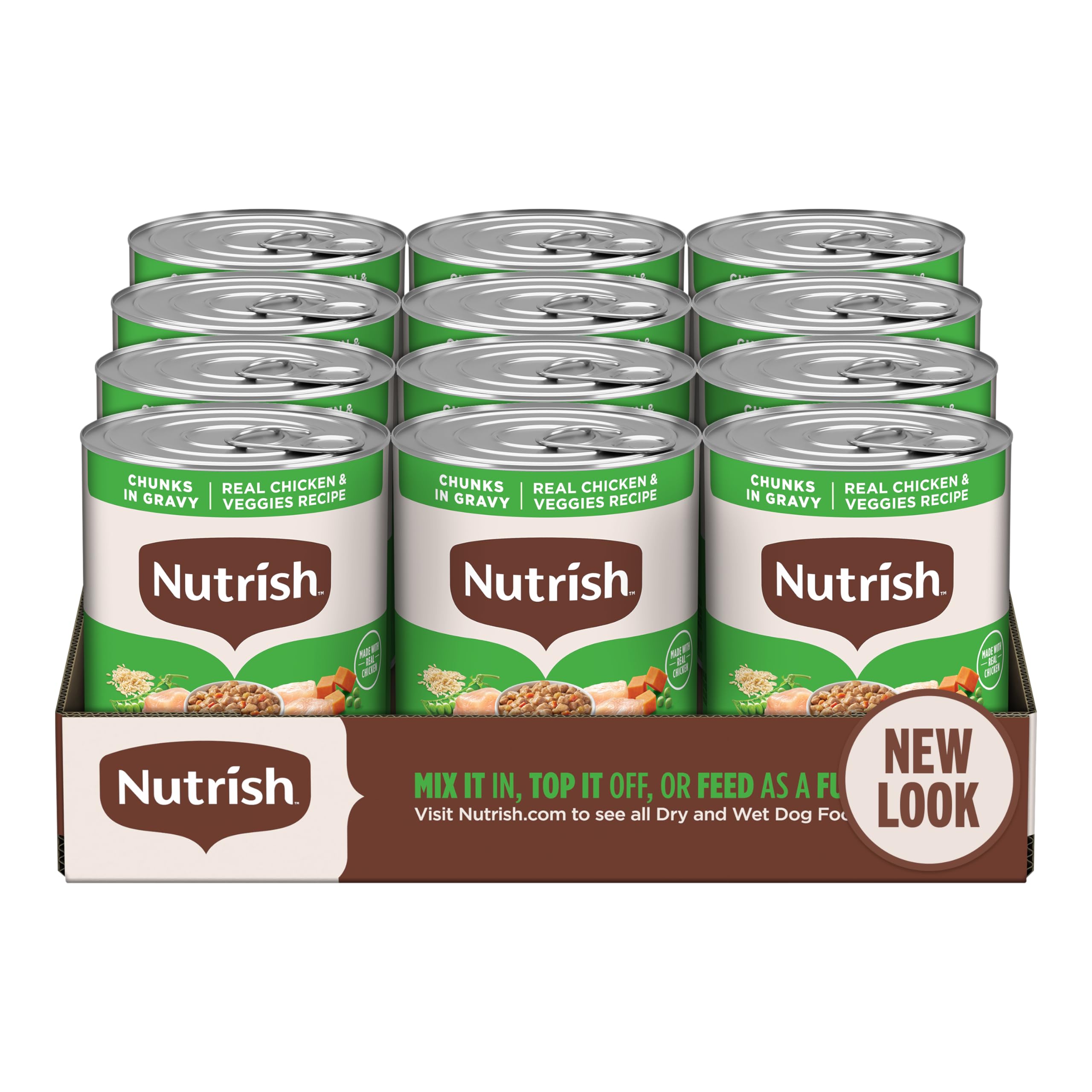 Nutrish trozos en salsa con pollo y verduras en lata de 13 oz, comida completa.