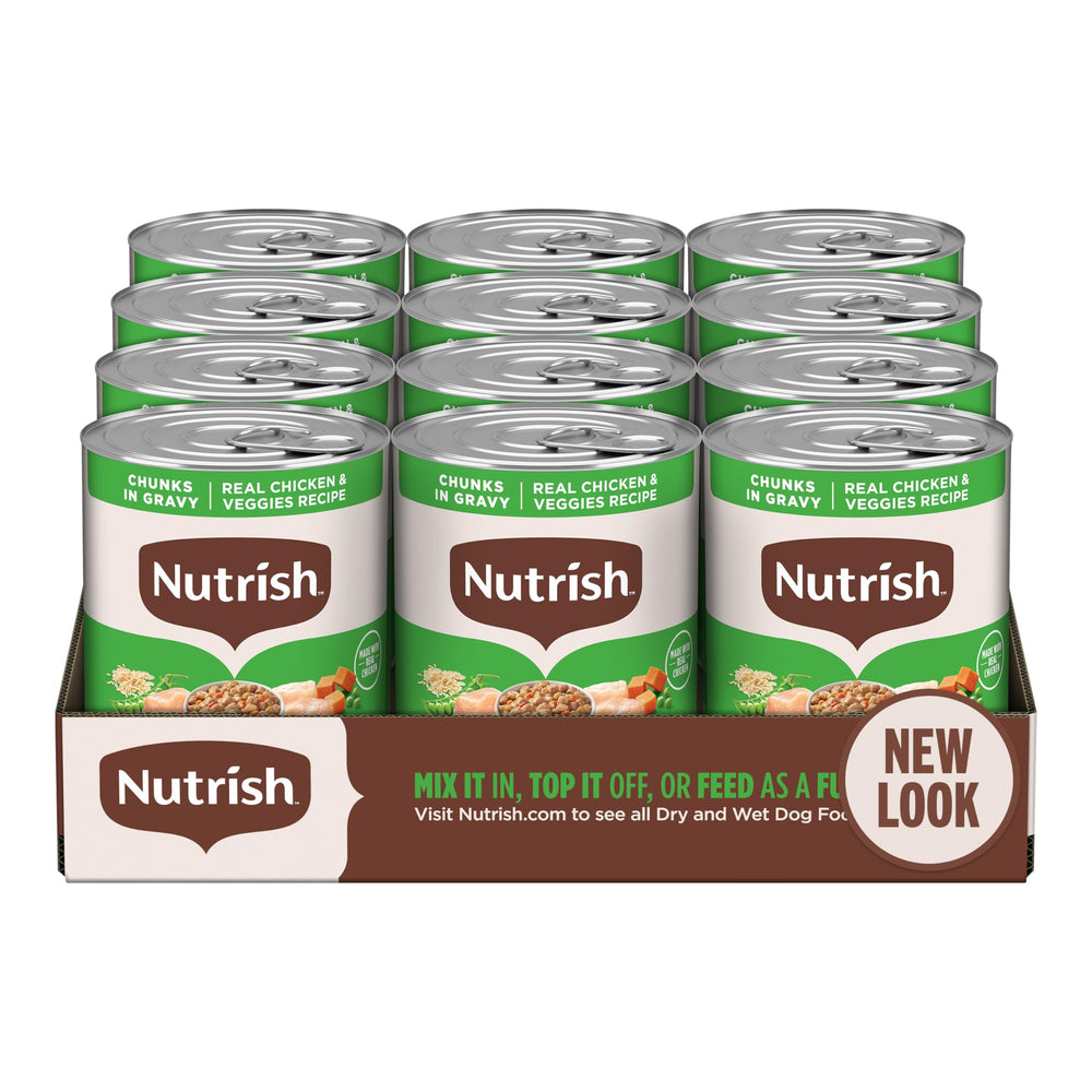 Nutrish trozos en salsa con pollo y verduras en lata de 13 oz, comida completa.