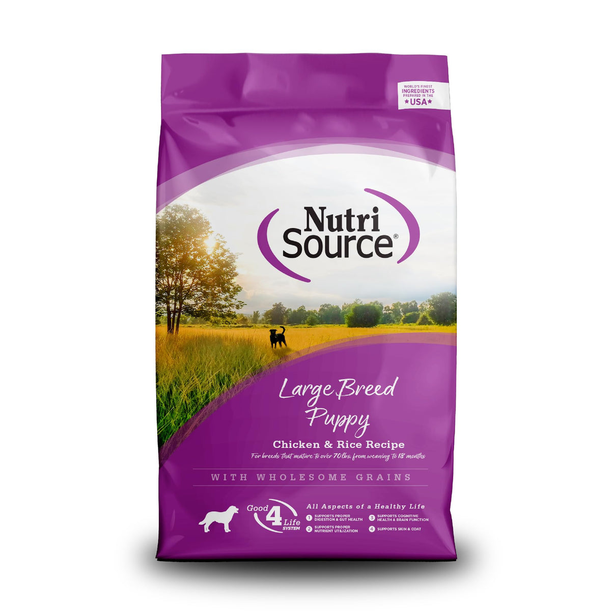 NutriSource cachorros razas grandes pollo-arroz en cuenco para crecimiento saludable.