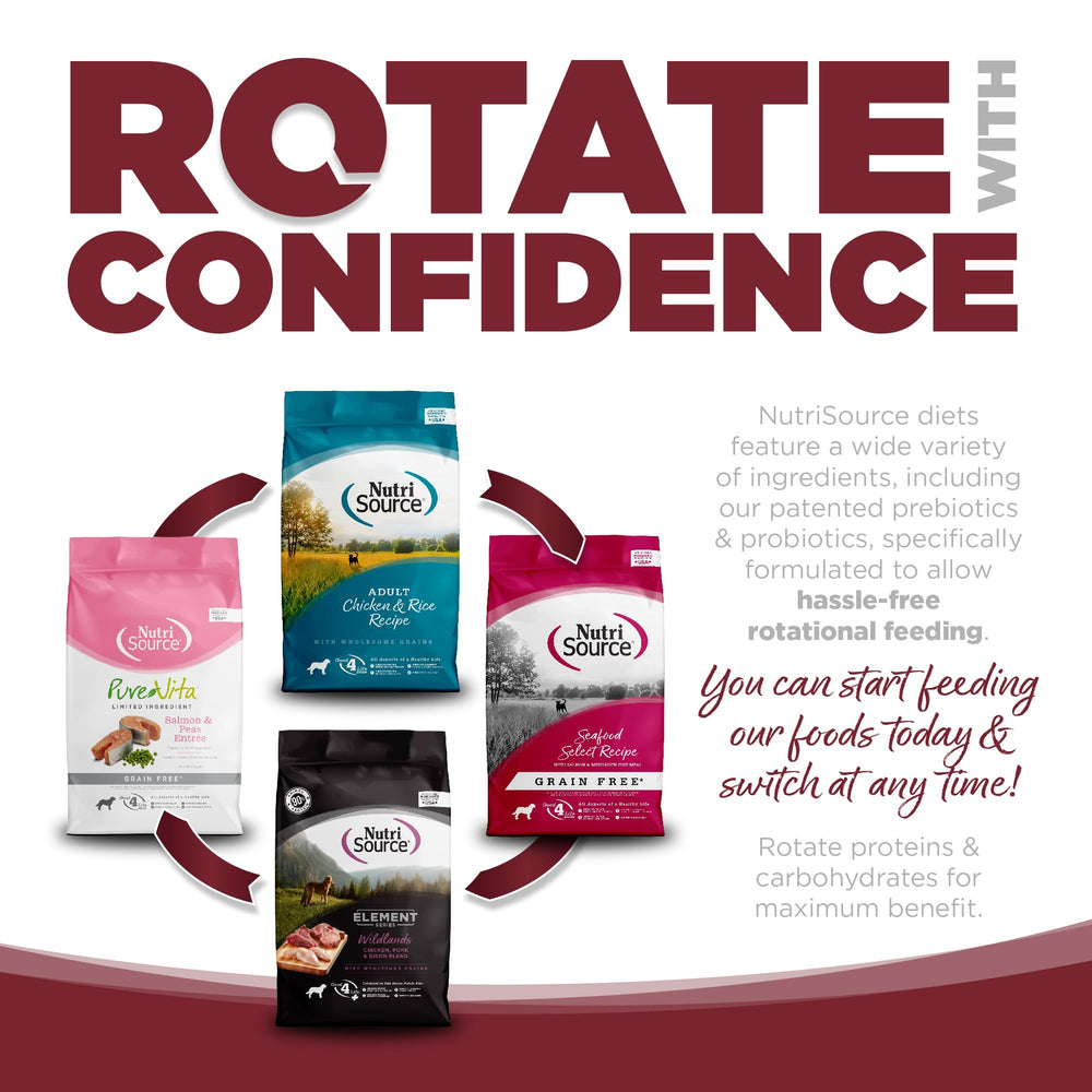 NutriSource fomenta la rotación de proteínas para variedad.
