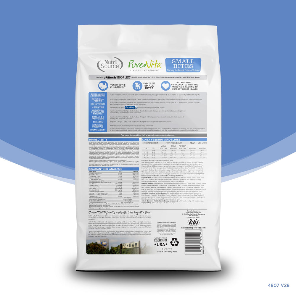 NutriSource Pure Vita ingredientes con pavo y patata dulce para una dieta simple