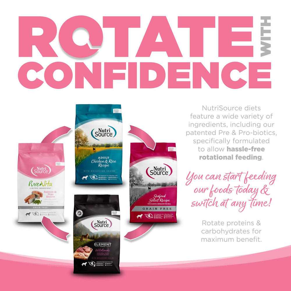 Etiqueta NutriSource Pure Vita destacando Omega-3 y prebióticos.