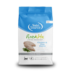 NutriSource Pure Vita sin granos en empaque de 12 libras; opción sin granos para gatos sensibles.