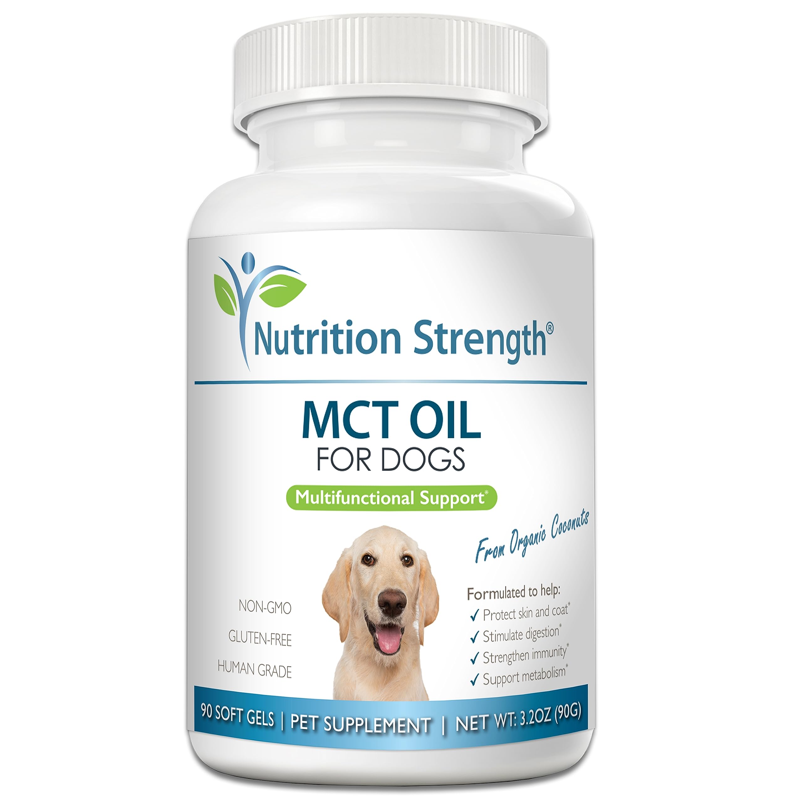 Nutrition Strength MCT para perros frasco vertido, apoyo al pelaje y piel.