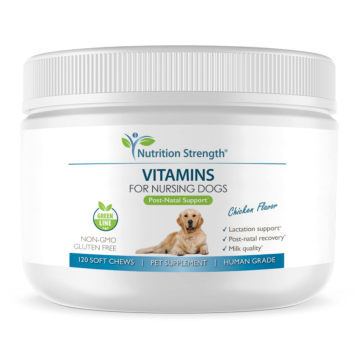 Vitaminas Nutrition Strength para perros lactantes en bote, apoyo a la lactancia saludable.