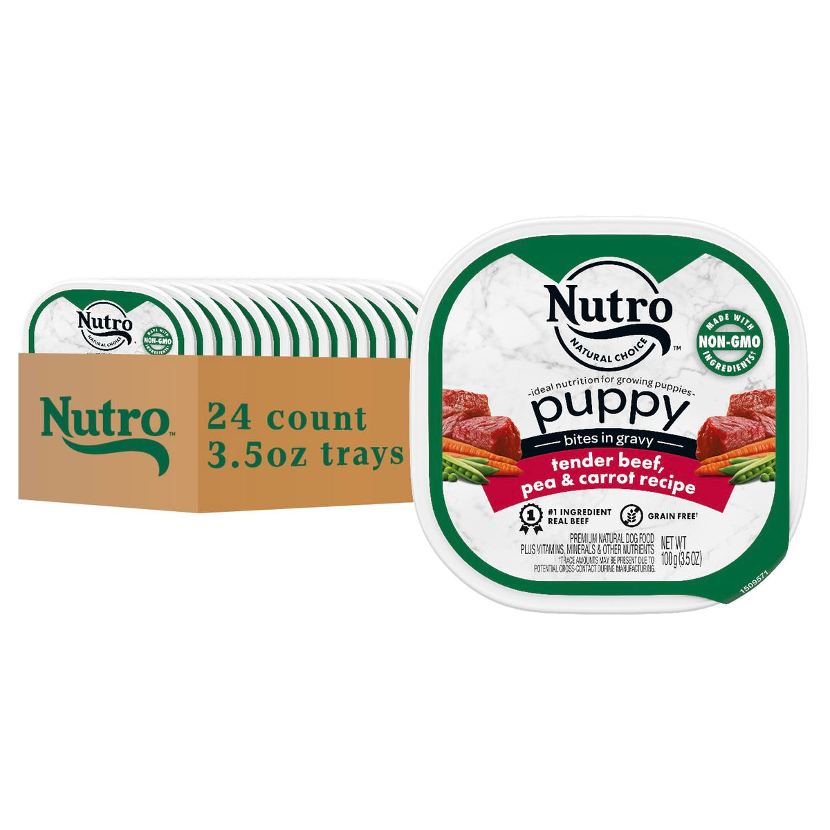 Nutro Cachorro, bocados en salsa de res sin granos, ideal para crecimiento diario.