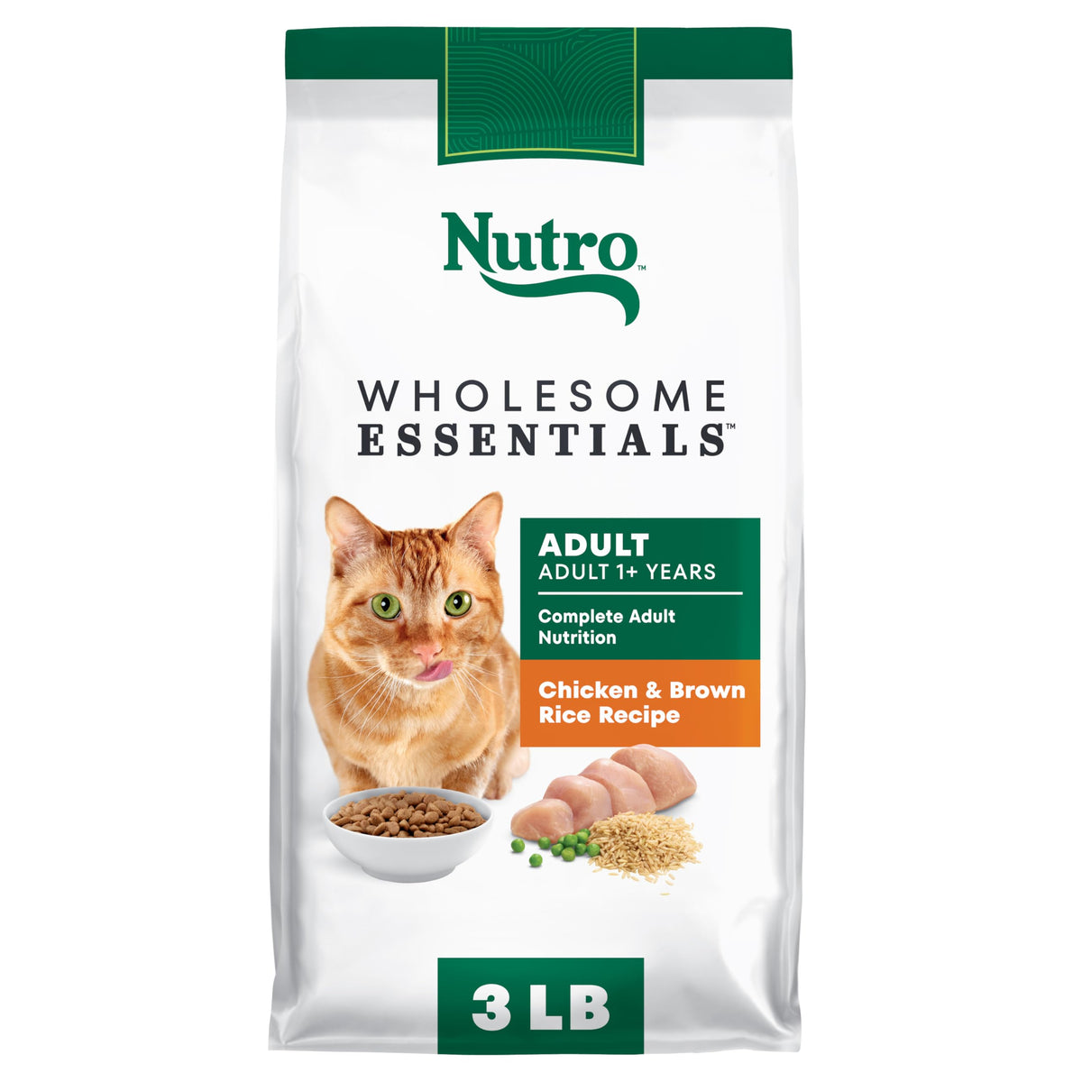 Nutro Esenciales, bolsa de 3 libras, pollo y arroz para gato adulto, nutrición diaria