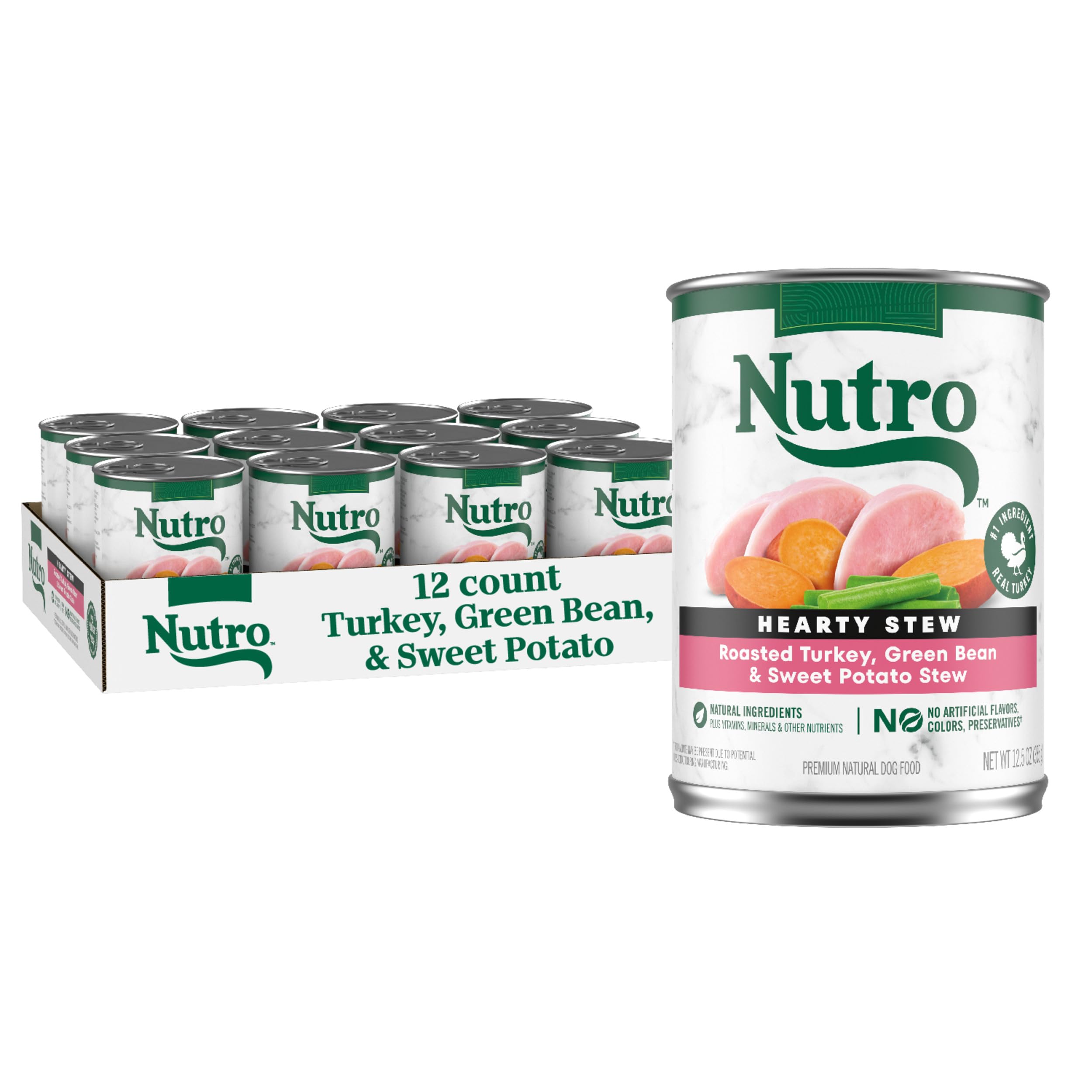 Nutro Hearty Stew lata con pavo y judías verdes para perro activo.