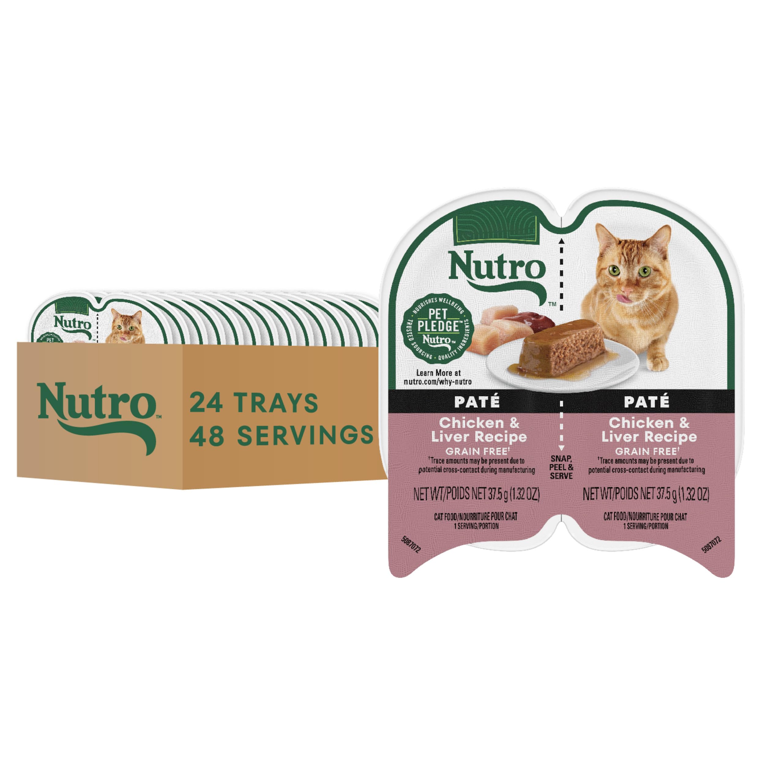 Nutro Porciones Perfectas paté pollo y hígado en bandeja con sabor para gatos.