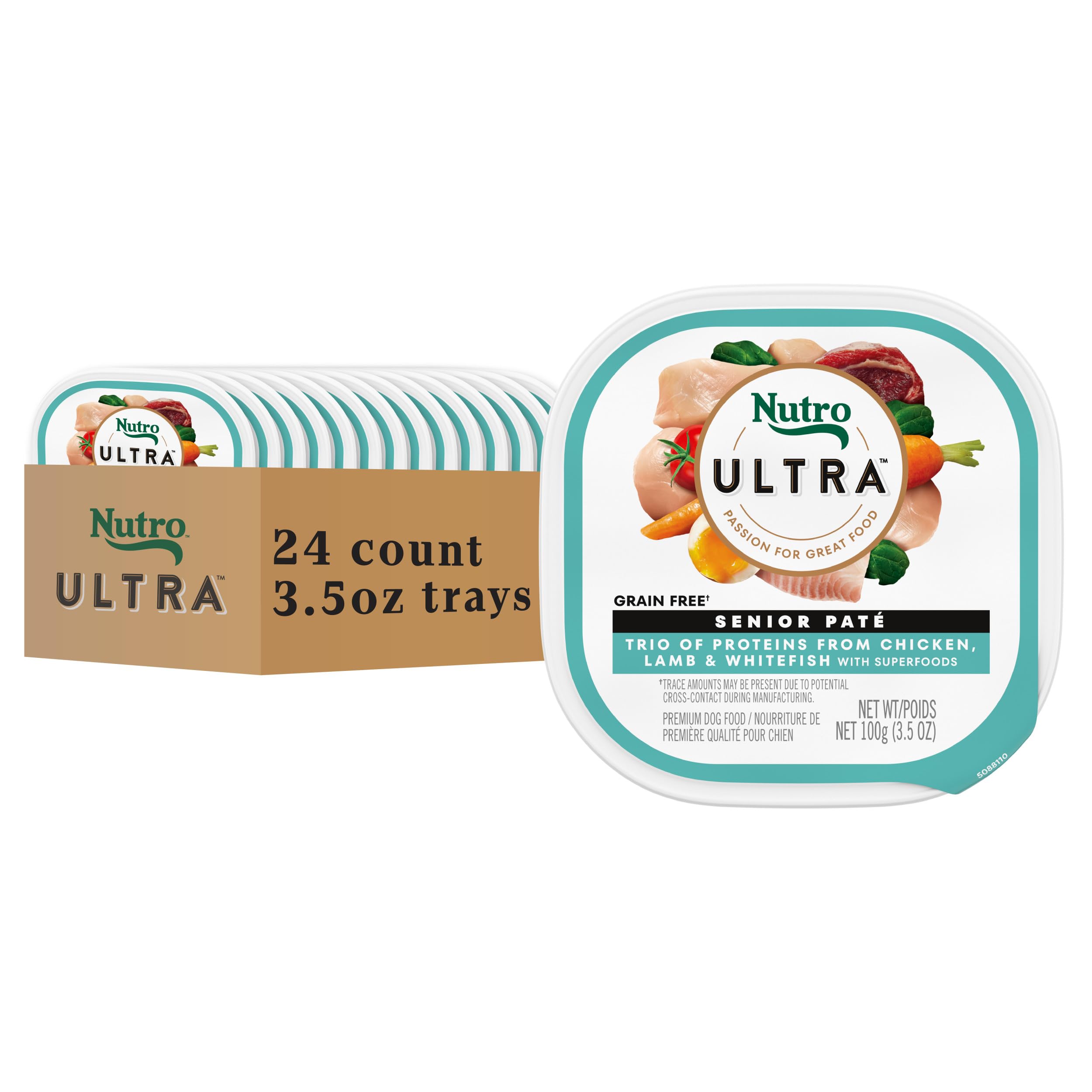 Nutro Ultra Senior Pate con pollo, sabor alto y fácil de comer para perros mayores.