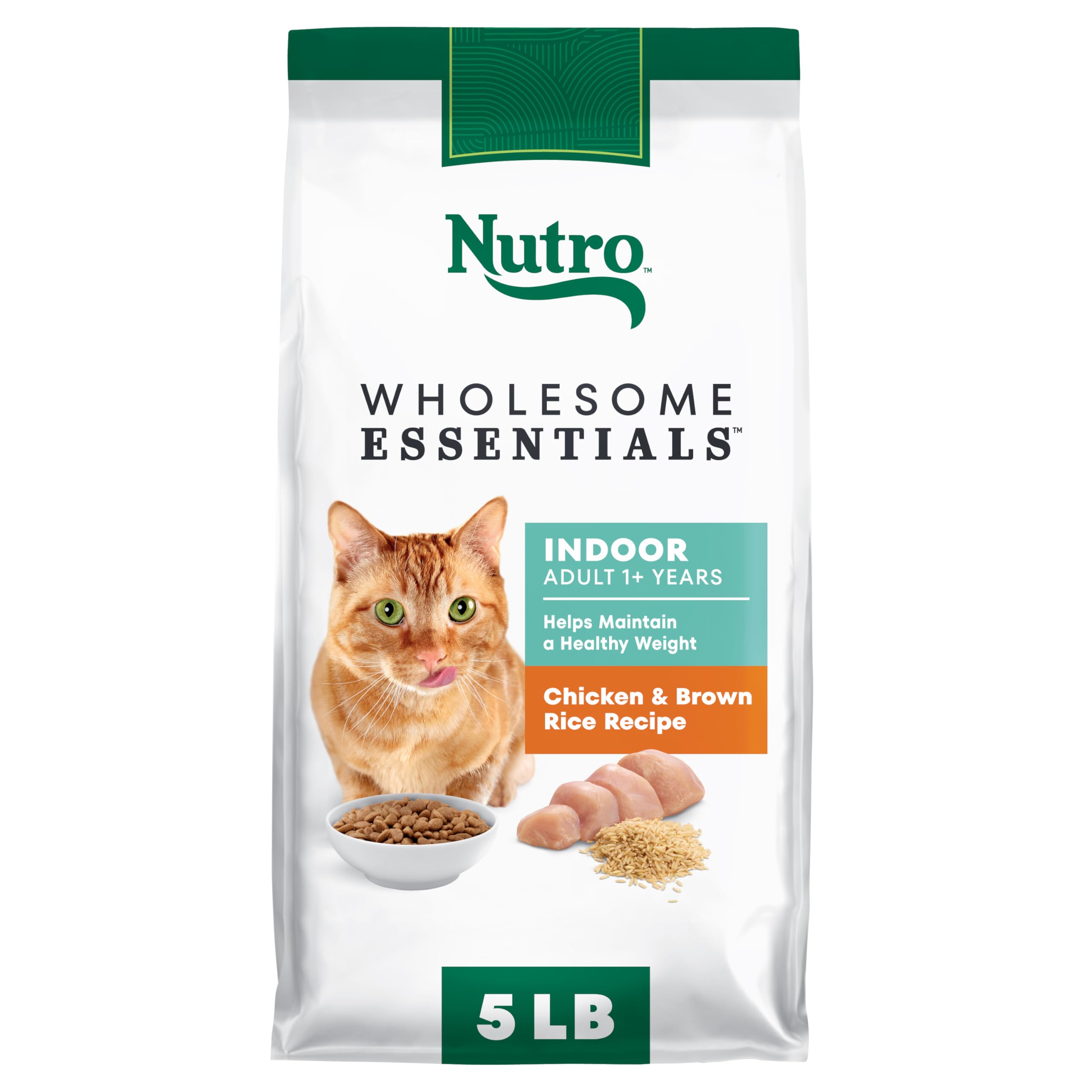 Nutro Wholesome Essentials gato seco pollo arroz interior, sabor favorito para gatos de interior.