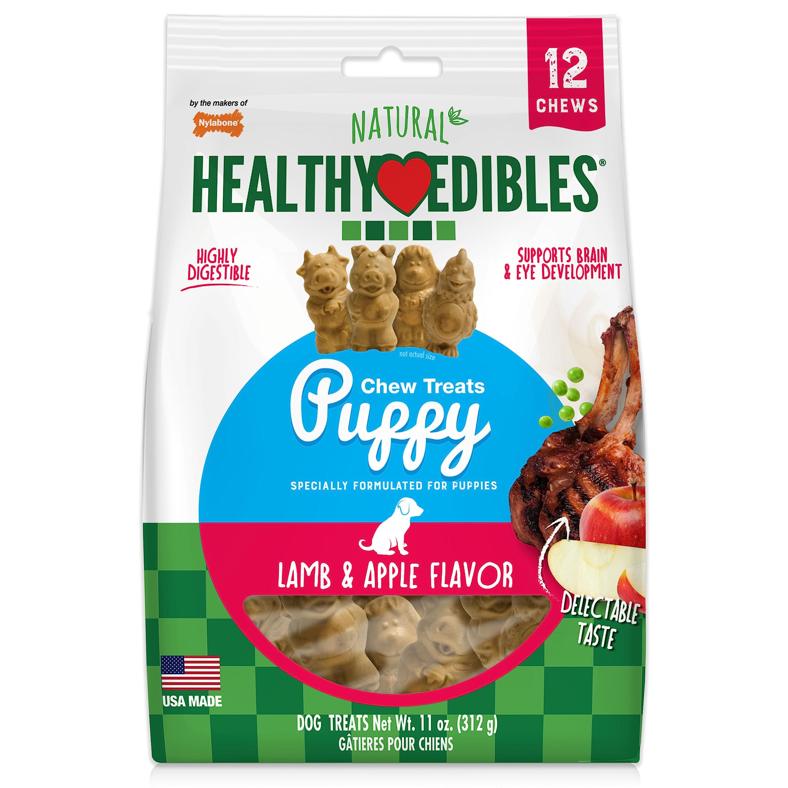 Nylabone Healthy Edibles, masticable para cachorros, sabor cordero y manzana favorece masticación suave.
