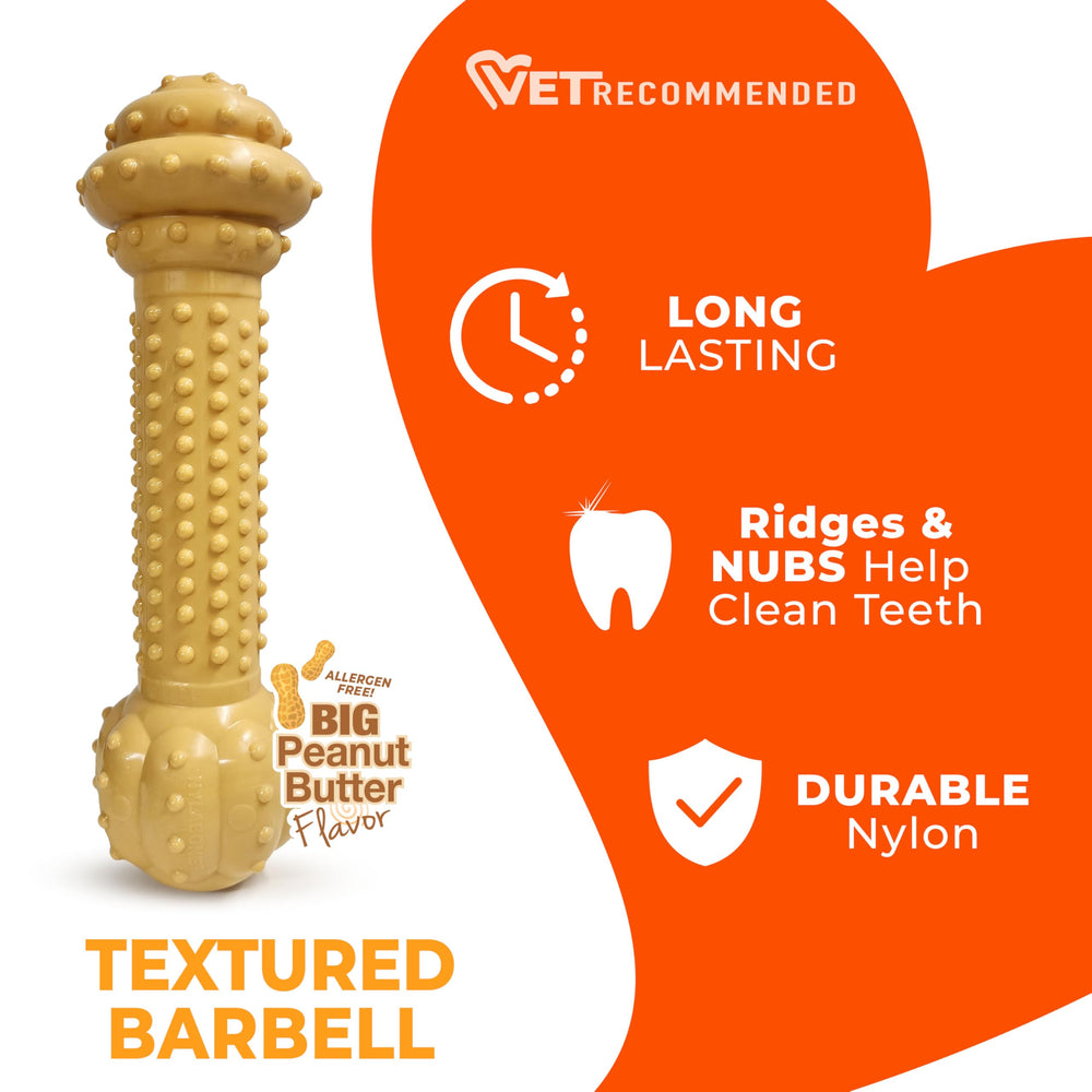 Nylabone Barbell Para Perros Grandes hasta 50 lb favorece mordidas seguras.
