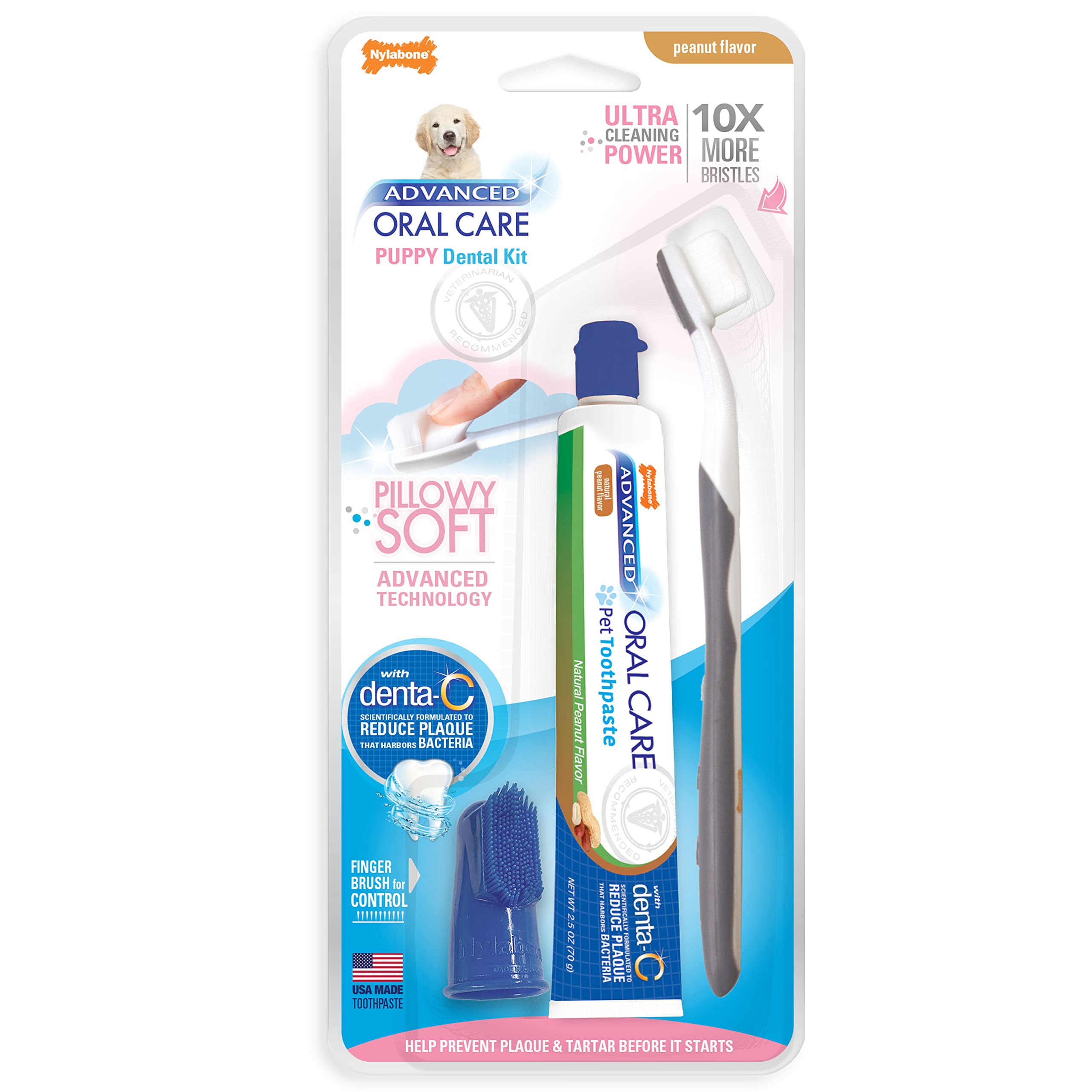 Brosse dentaire Nylabone pour chiot avec poils ultra-doux offrant un brossage confortable.