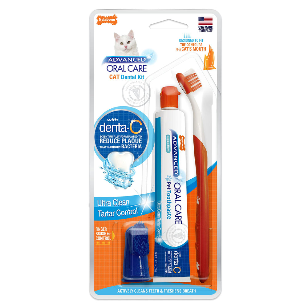 Nylabone kit dental avanzado para gatos, vista frontal, mejora higiene bucal diaria