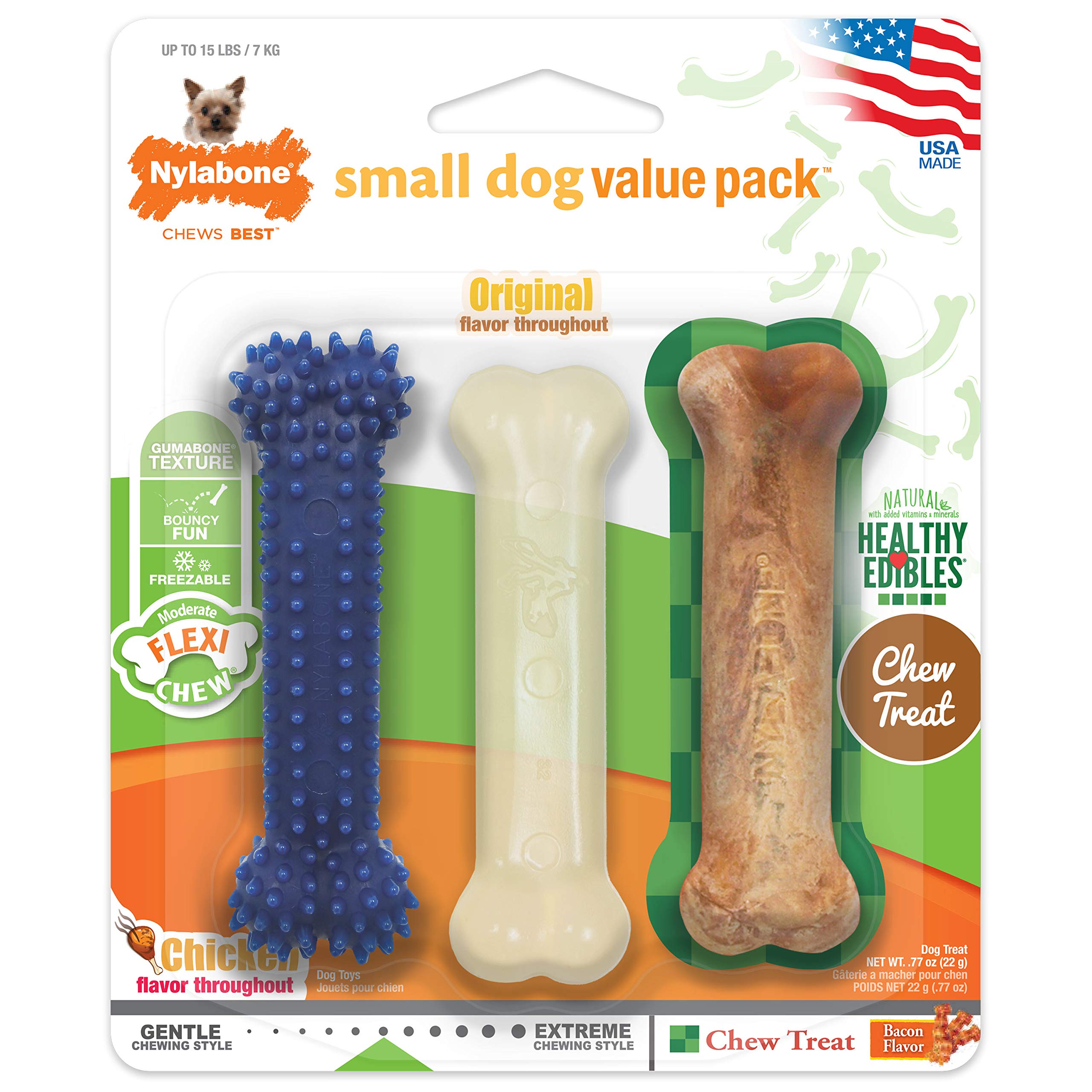 Nylabone Flexi Chew con sabor pollo y tocino, sabor duradero.