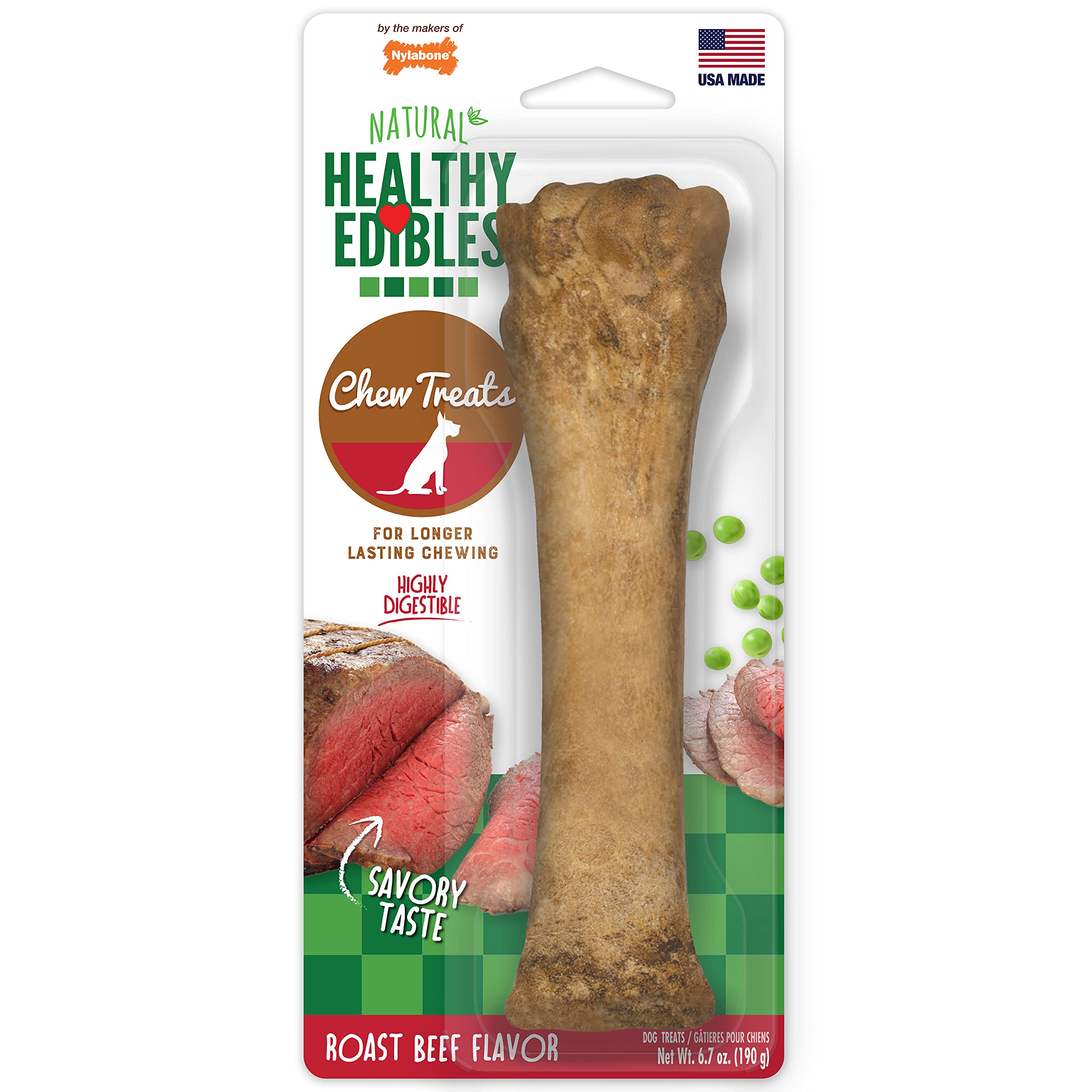 Nylabone Healthy Edibles en empaque frontal, ideal para premiar durante el juego.