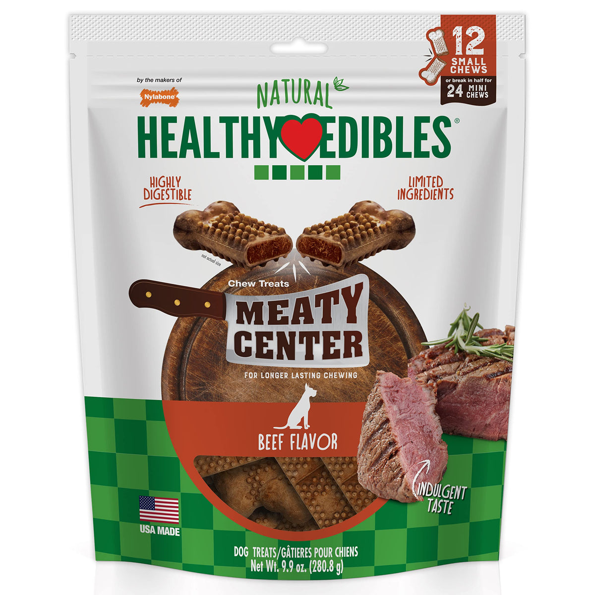 Nylabone Healthy Edibles envase visible, ideal para premiar durante el entrenamiento.