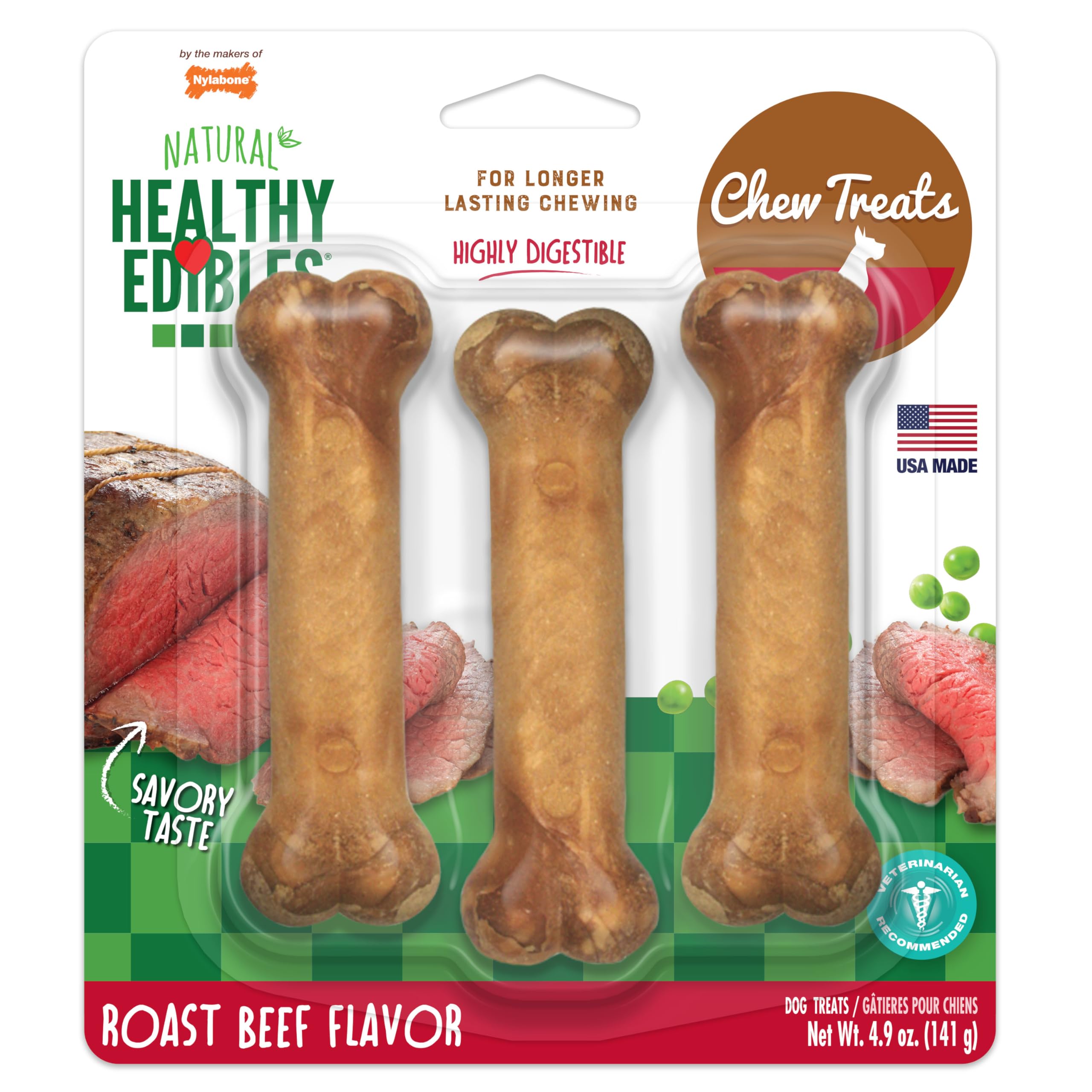 Nylabone Healthy Edibles en empaque, sabor a res asada para perros.