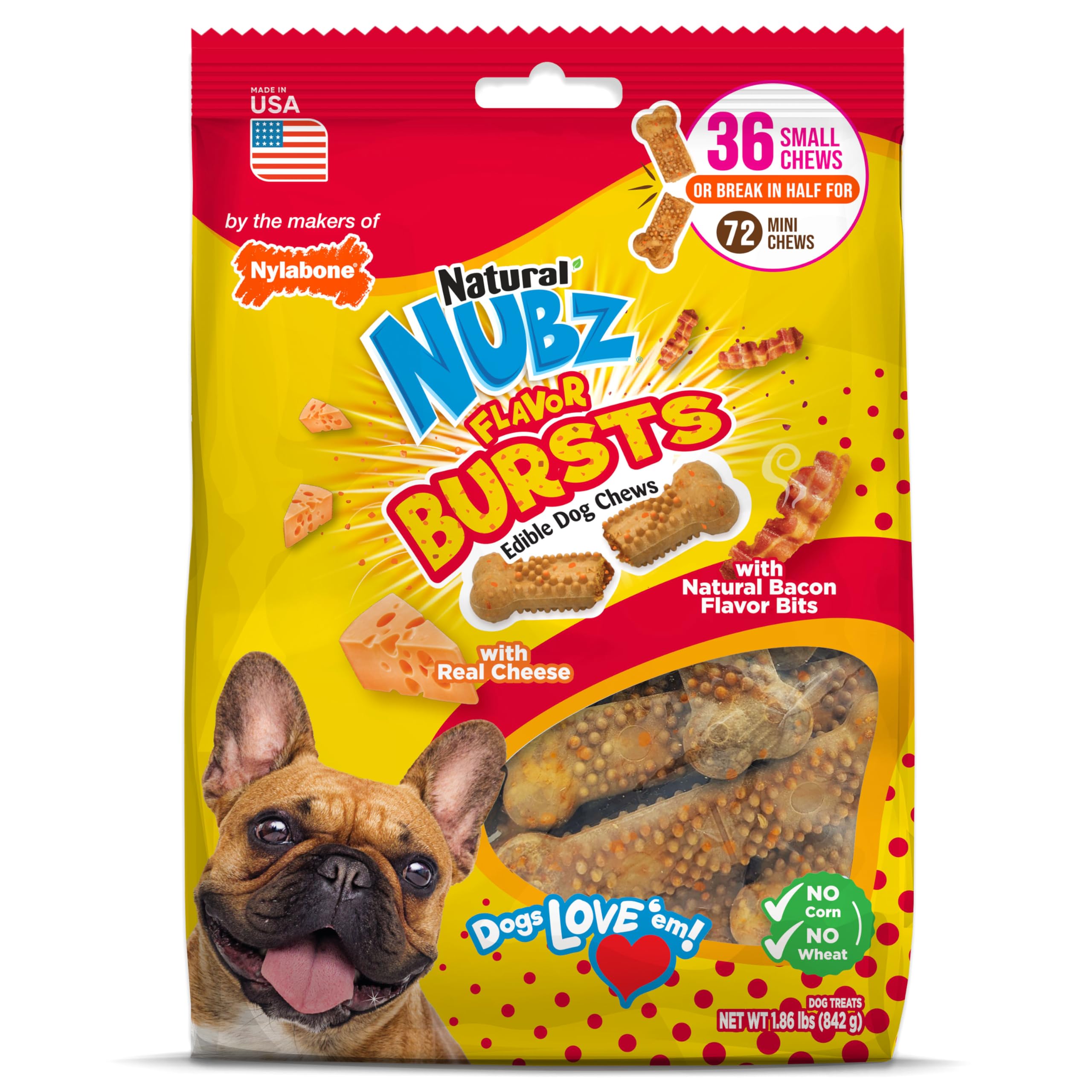 Nylabone Nubz Flavor Bursts, huesos pequeños con sabor queso y tocino, perfectos para masticar.