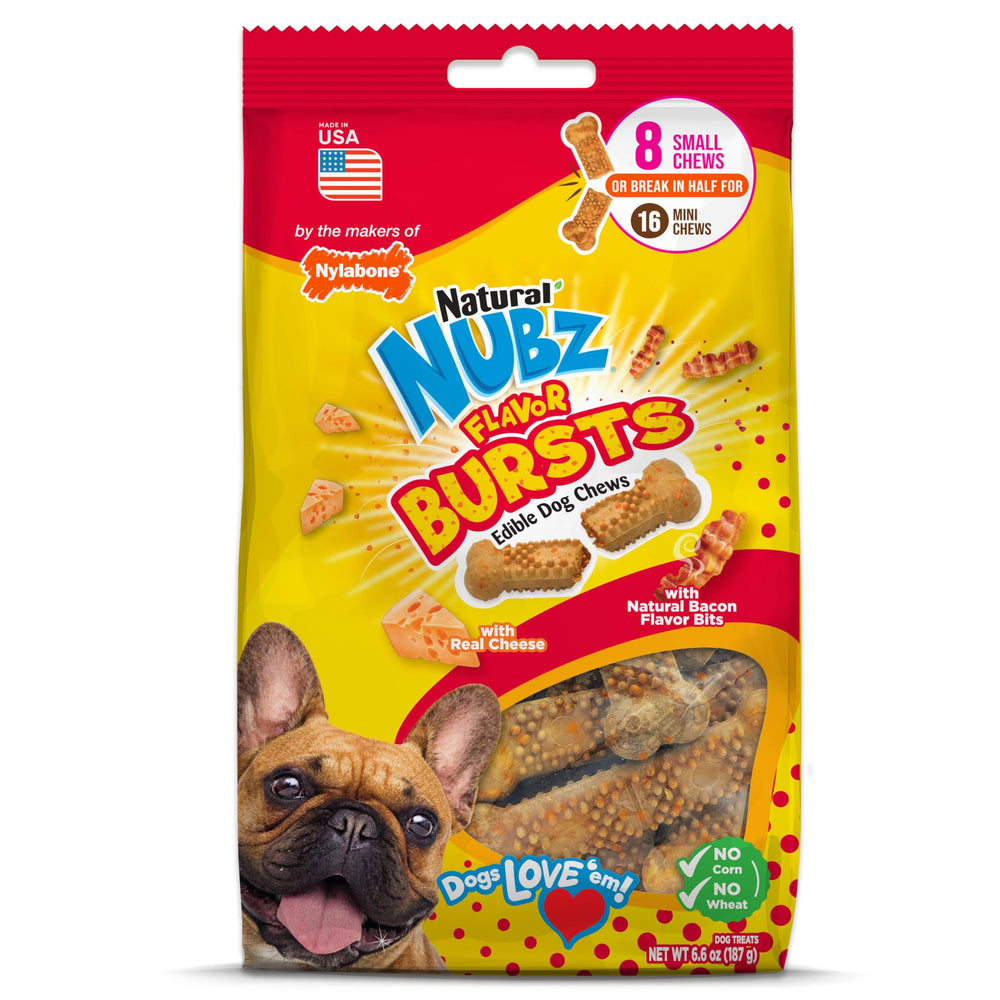Nylabone Nubz hueso pequeño con sabor queso-tocino, ideal para juego.