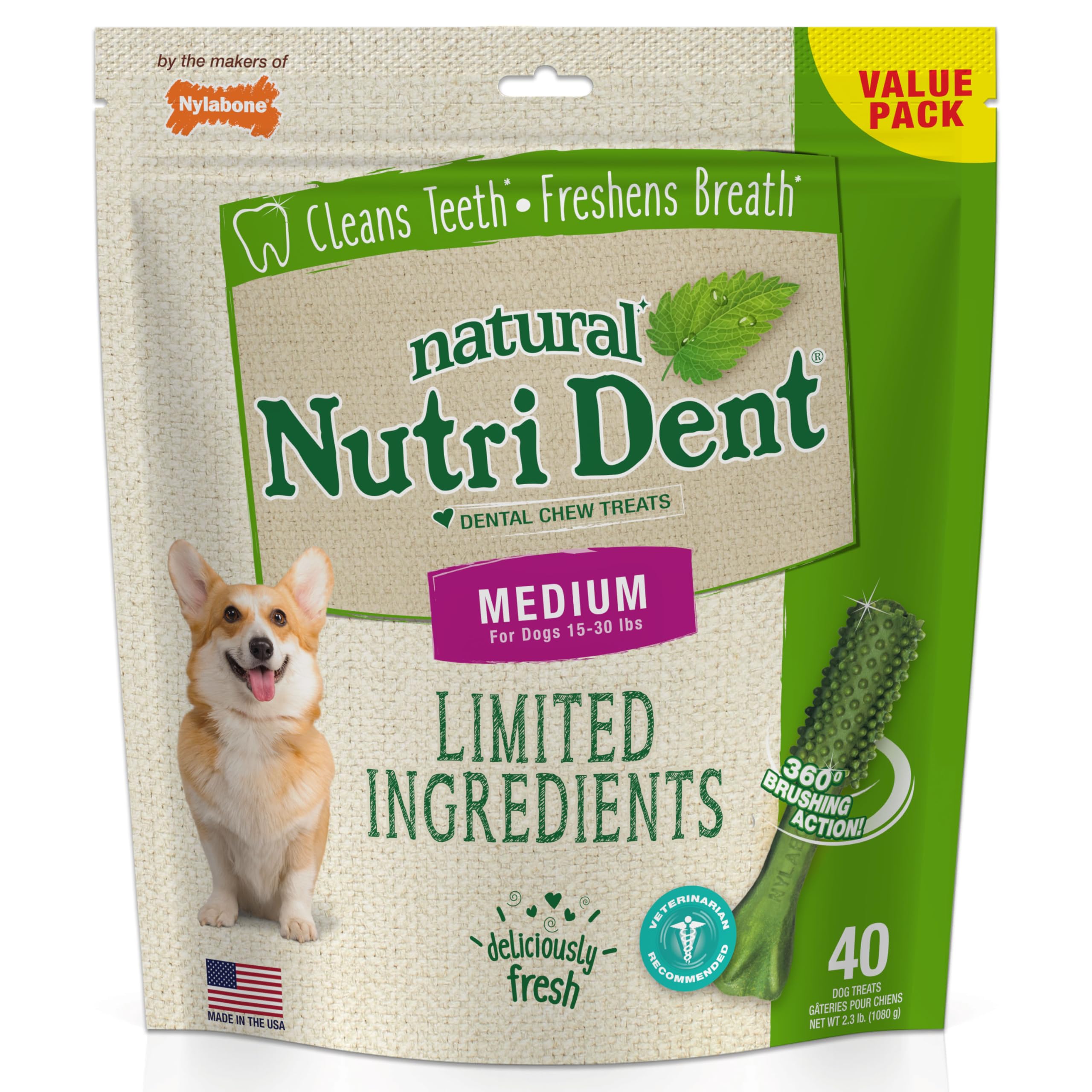 Nylabone Nutri Dent: empaque del producto, limpieza dental natural para perros.