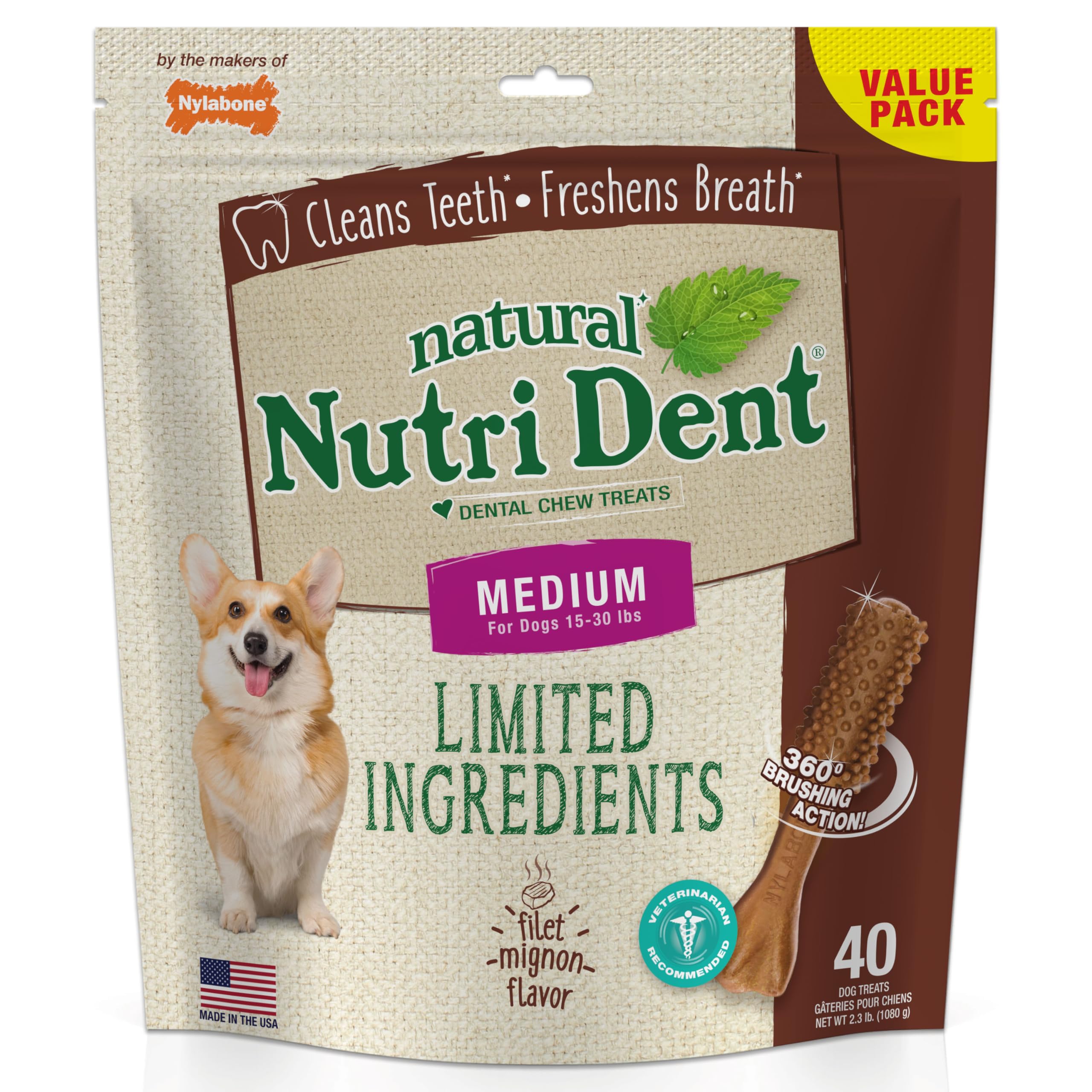 Nylabone Nutri Dent masticables dentales, empaque visible para perro, limpieza dental.