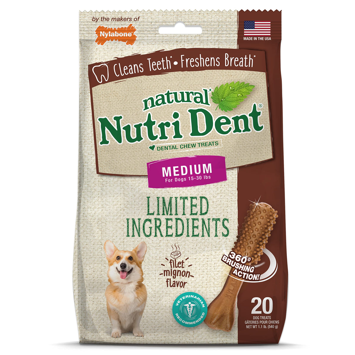 Nylabone Nutri Dent filet mignon, sabor para masticar y limpiar dientes