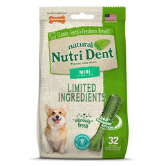Nylabone Nutri Dent, paquete frontal, aliento más fresco para perros tras la merienda.