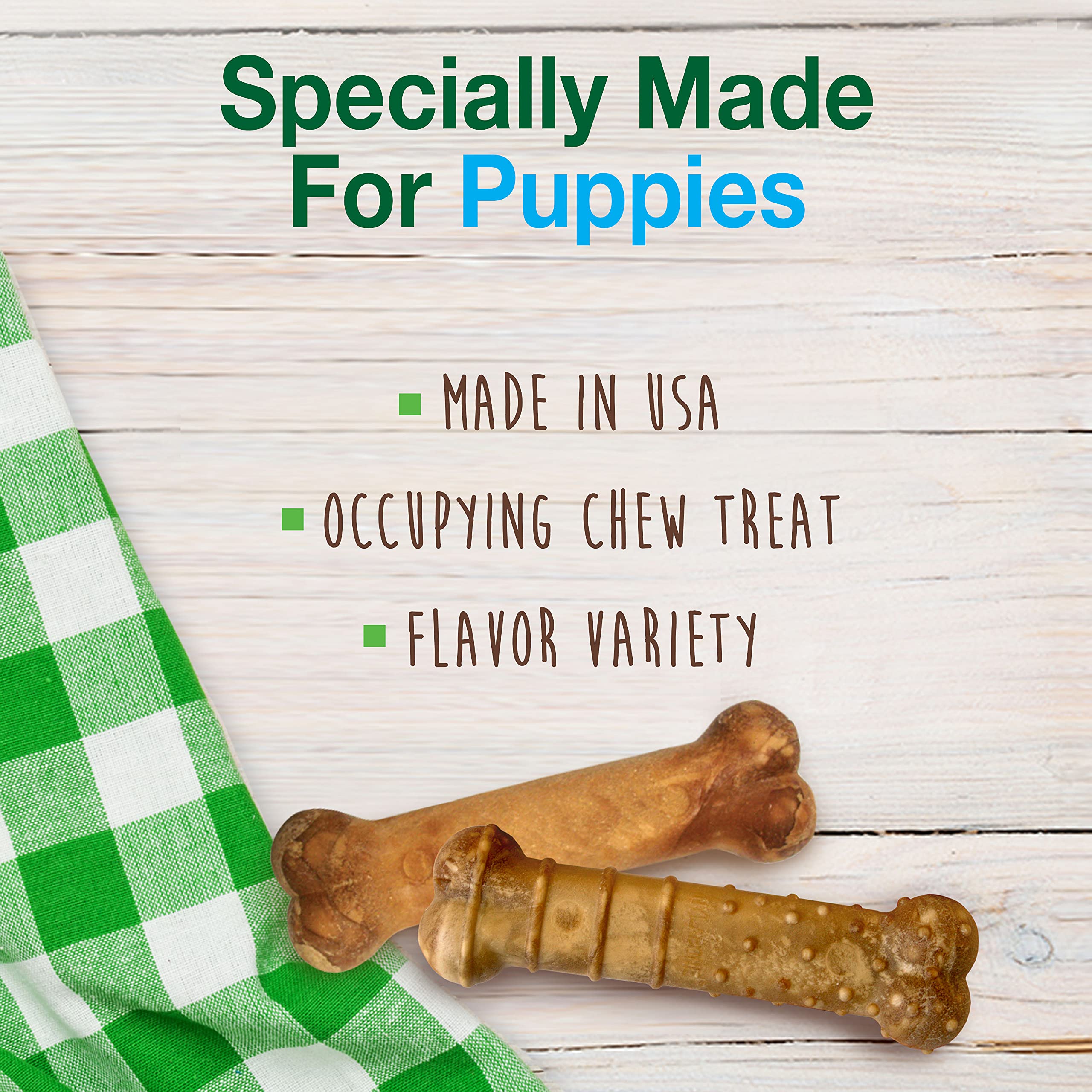 Nylabone comestibles saludables para cachorros, sabor pavo y manzana, snack nutritivo y sabroso.