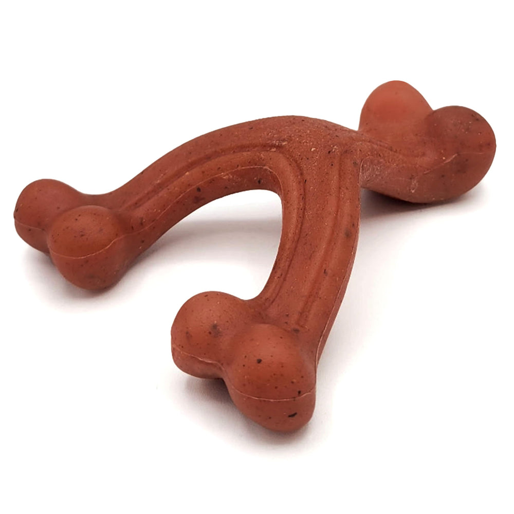 Nylabone Strong Chew Wishbone Bacon for small dogs enhances engagement and dental cleaning.