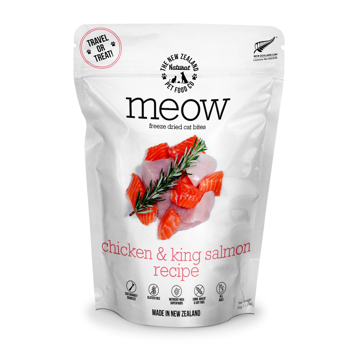 Meow de The New Zealand Natural Pet Food Co.: deshidratado suave con pollo y salmón, proteína alta.
