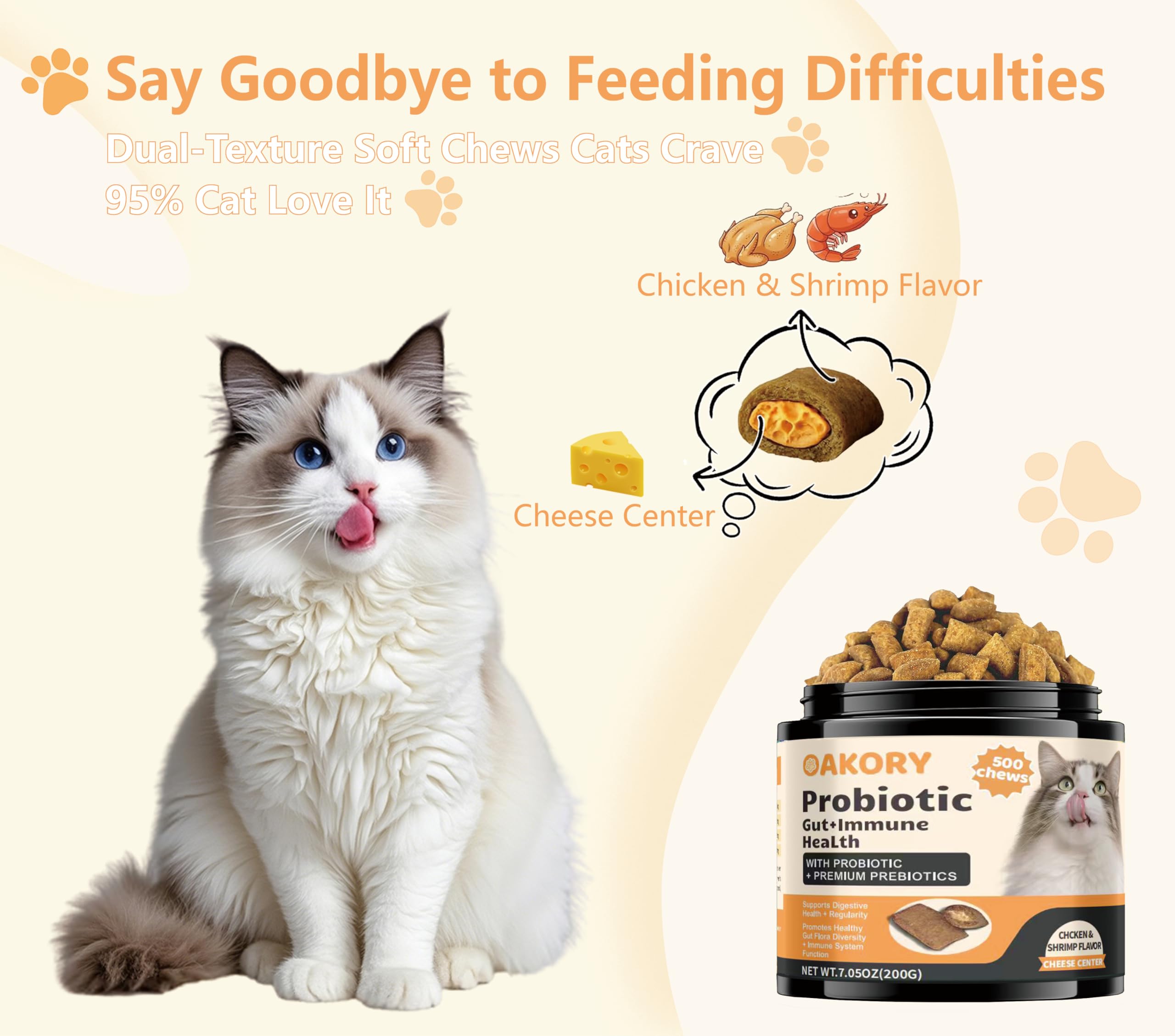 Golosinas OAKORY para gatos, sabor pollo, aroma apetitoso y nutrición digestiva diaria.