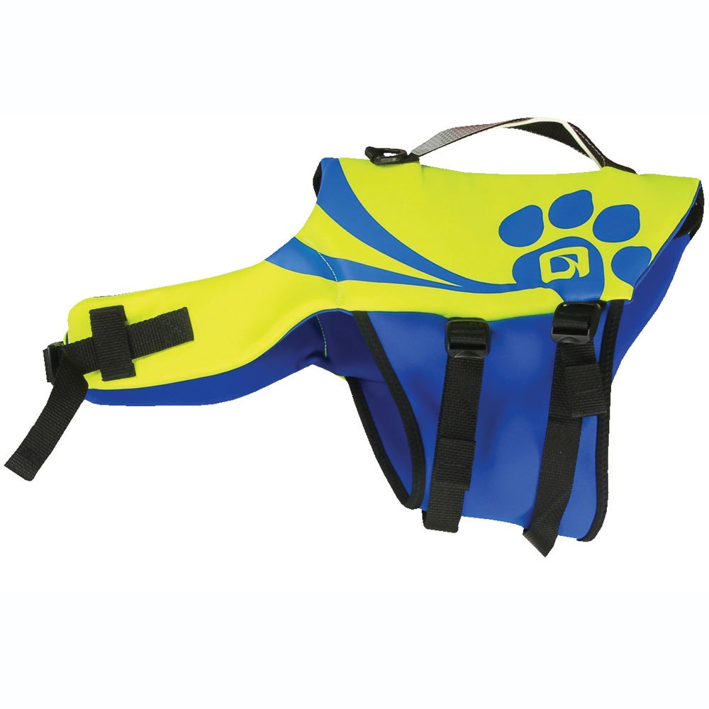 Chaleco de vida para mascotas O'Brien XL, color amarillo-azul, alta visibilidad y flotación para mascotas.