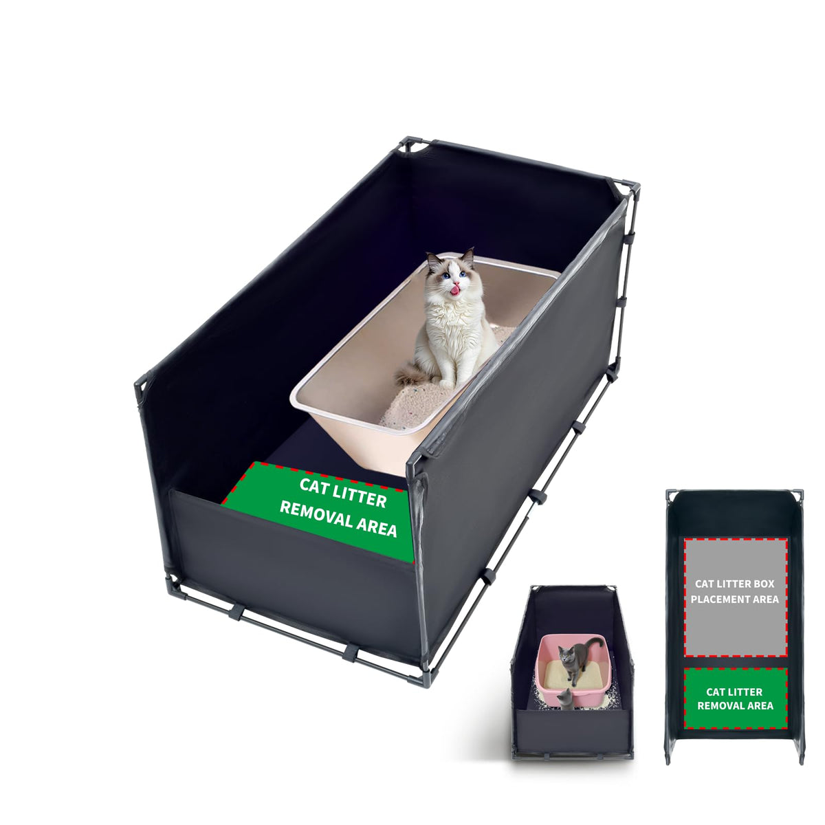 OCMML extra large litter box enclosure front view with splash guard helping keep floors clean