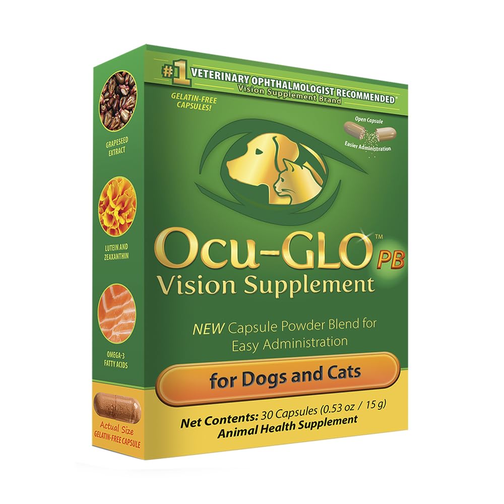 Ocu-GLO PB polvo para visión en mascotas, apoyo a la salud ocular.