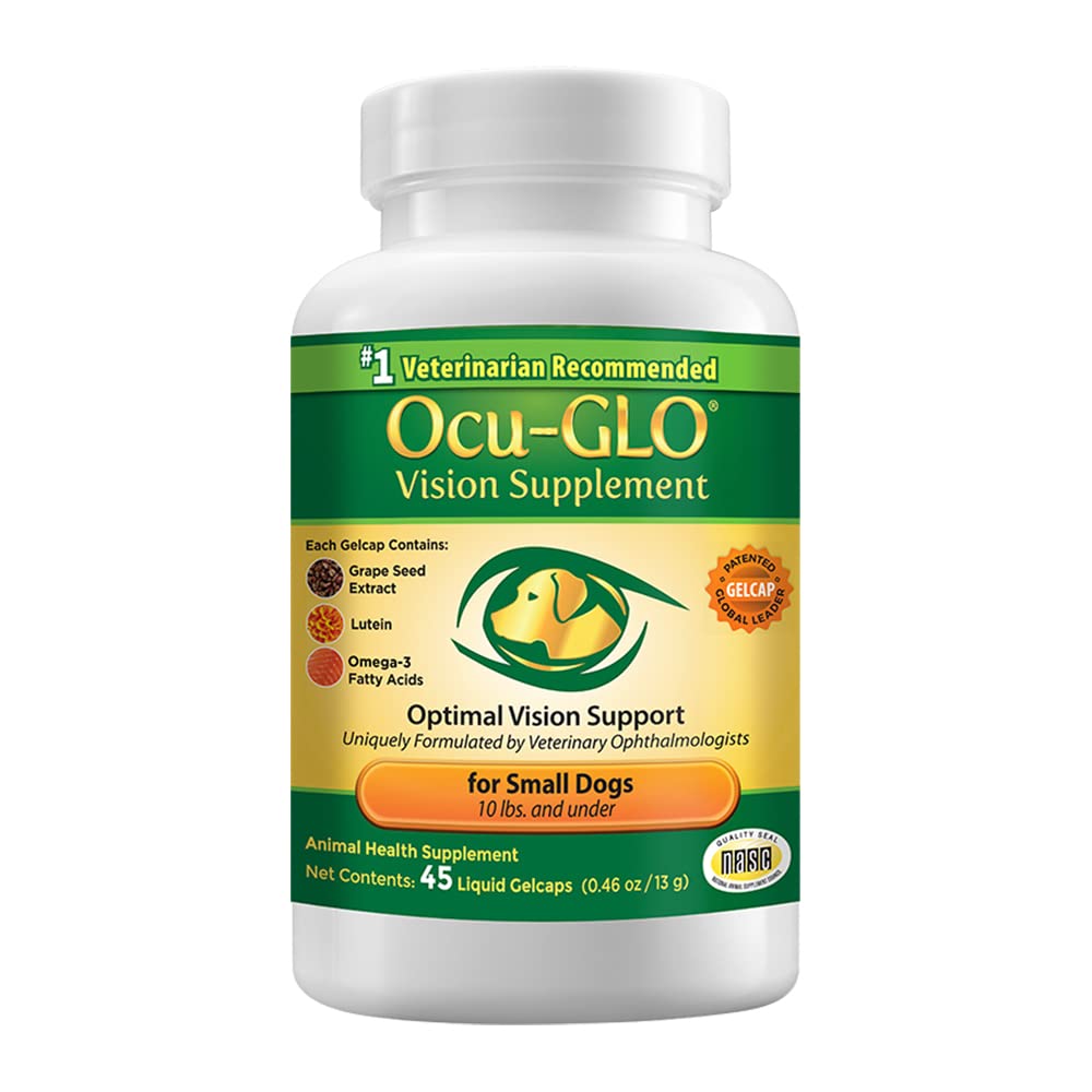 Ocu-GLO suplemento visión en botella para apoyo ocular diario en perros.