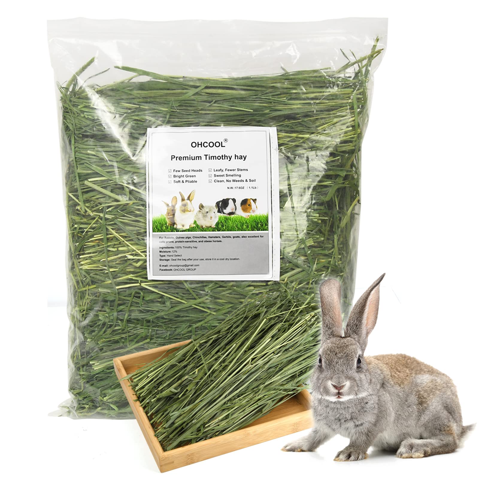 Ohcool heno Timothy, paquete de 1 lb, ideal para alimentación diaria de mascotas pequeñas.