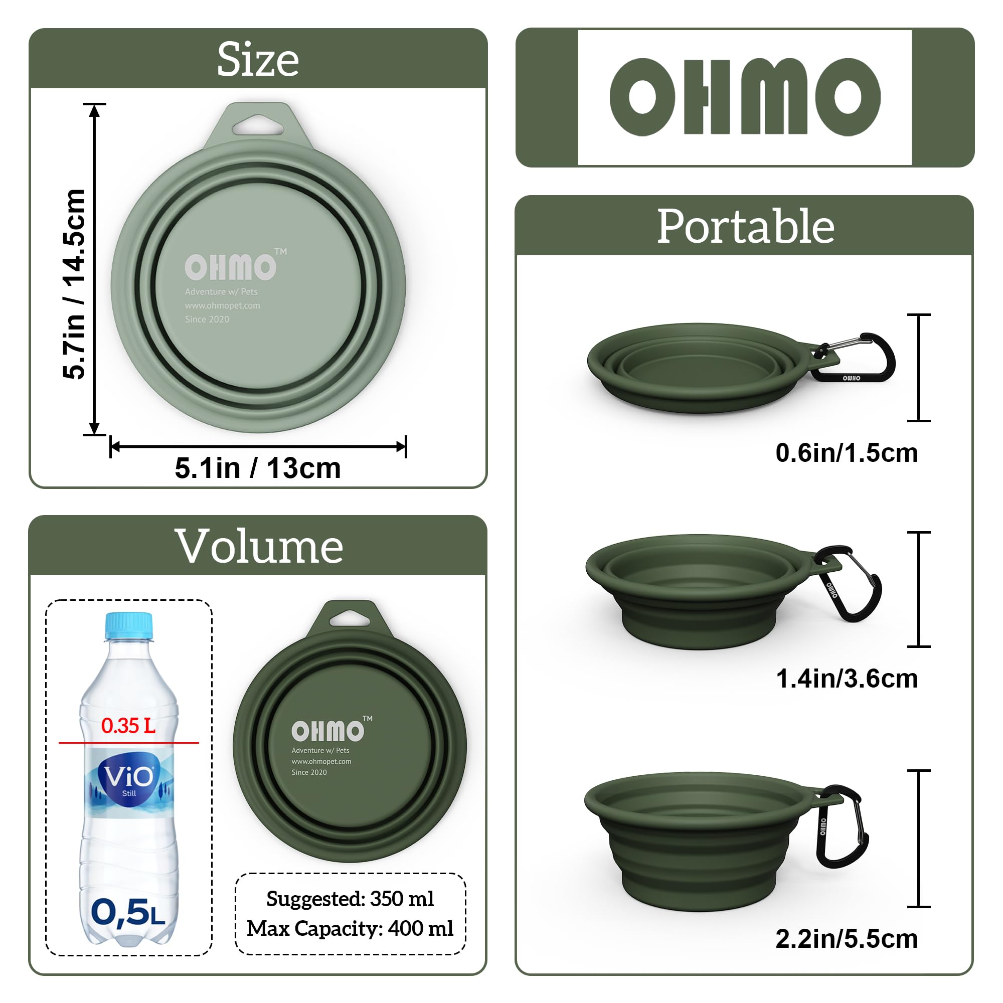 OHMO tazón plegable en verde claro, portátil para agua y comida