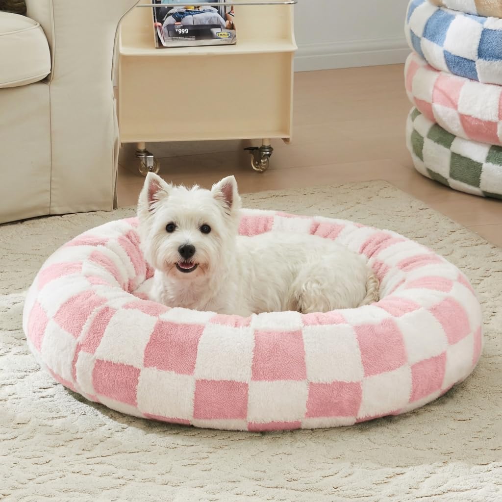 Cama Ohocut para mascotas, diseño a cuadros redonda, comodidad diaria.