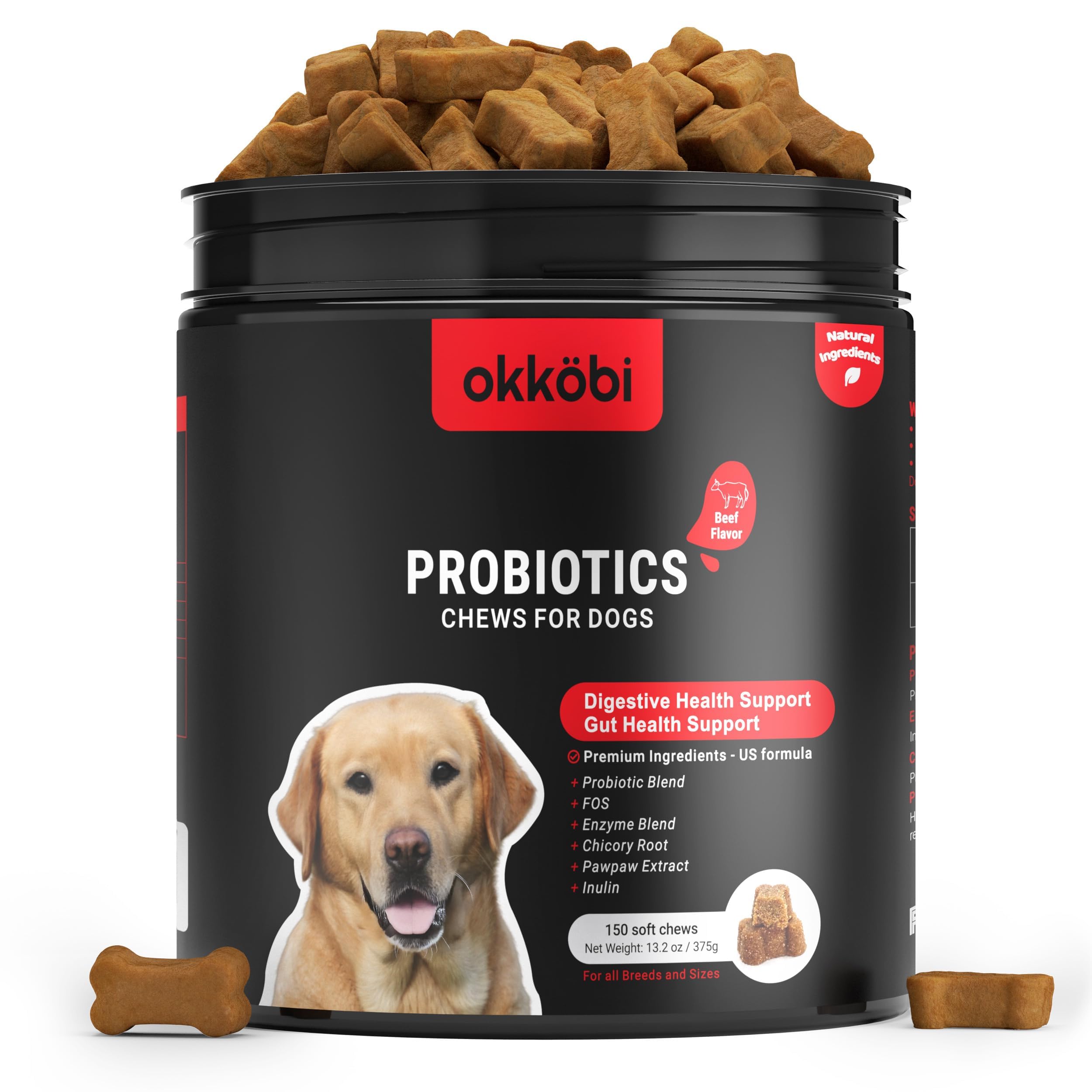 OKKÖBI Probióticos para perros: gomitas en frasco para apoyo digestivo diario.